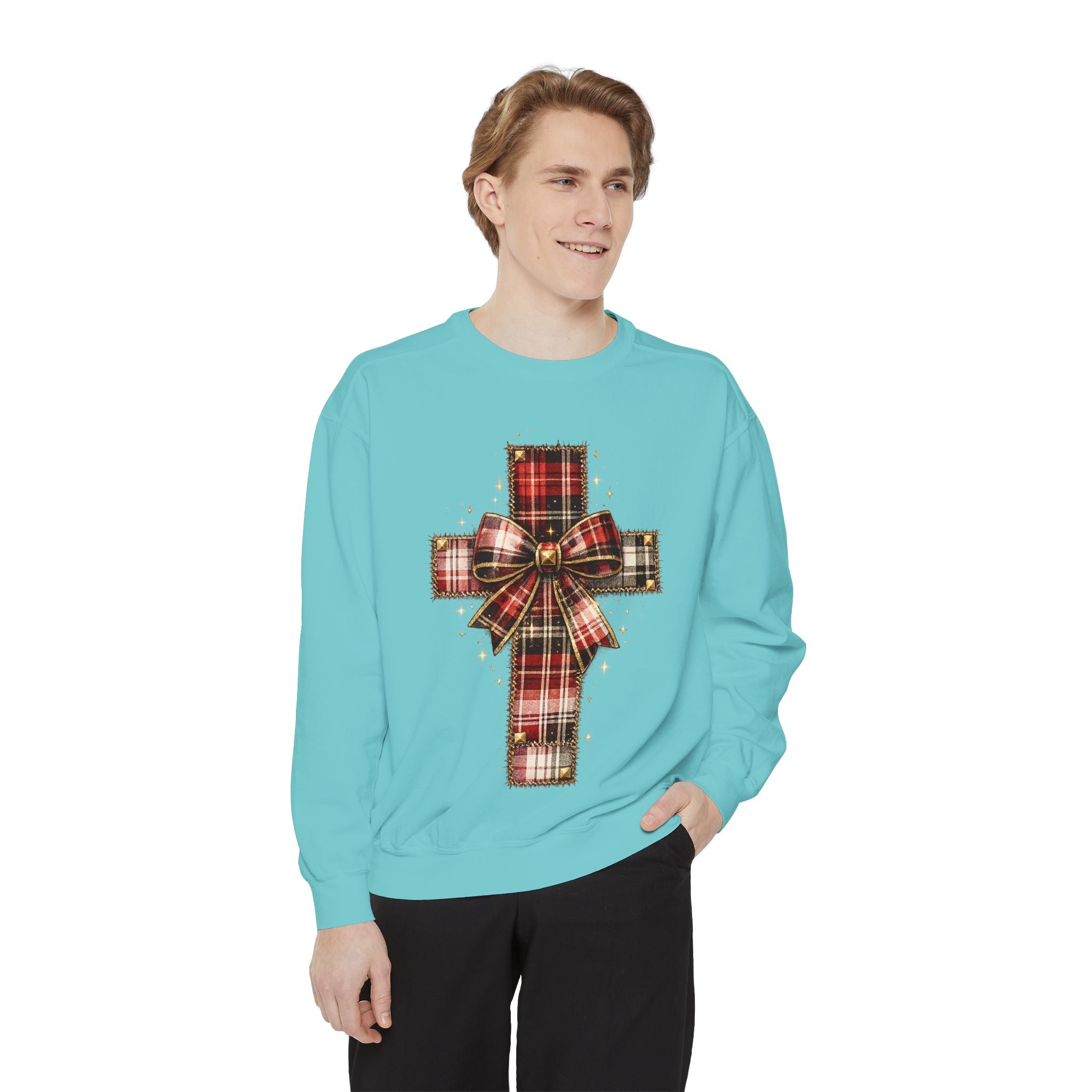 Plaid Bow Cross Sweatshirt — Christmas Plaid Religious Holiday Crewneck