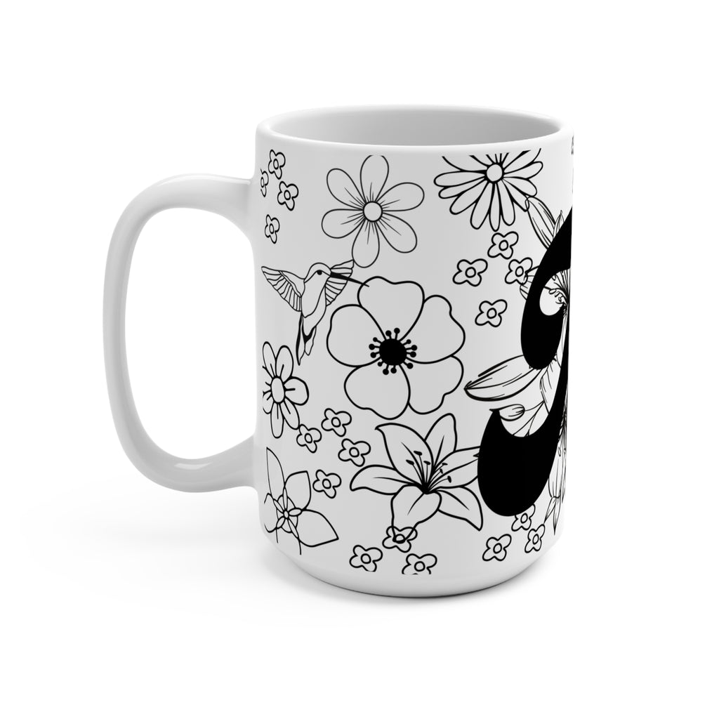 Floral Monogram 'K' 15oz Ceramic Mug — Black & White Botanical Initial Coffee Cup