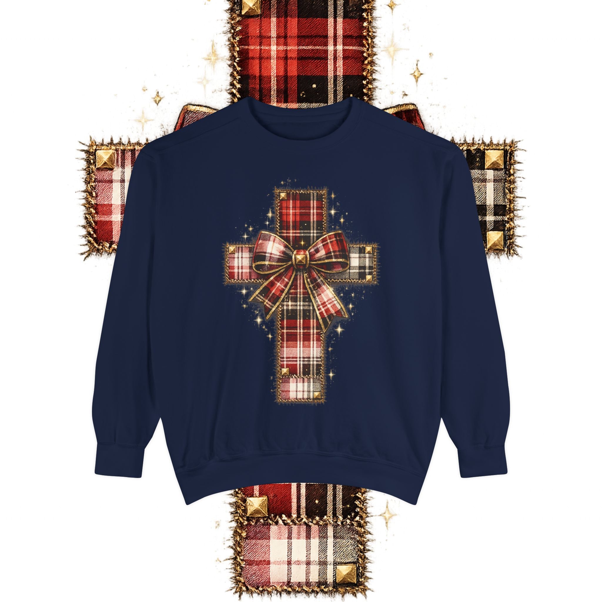 Plaid Bow Cross Sweatshirt — Christmas Plaid Religious Holiday Crewneck