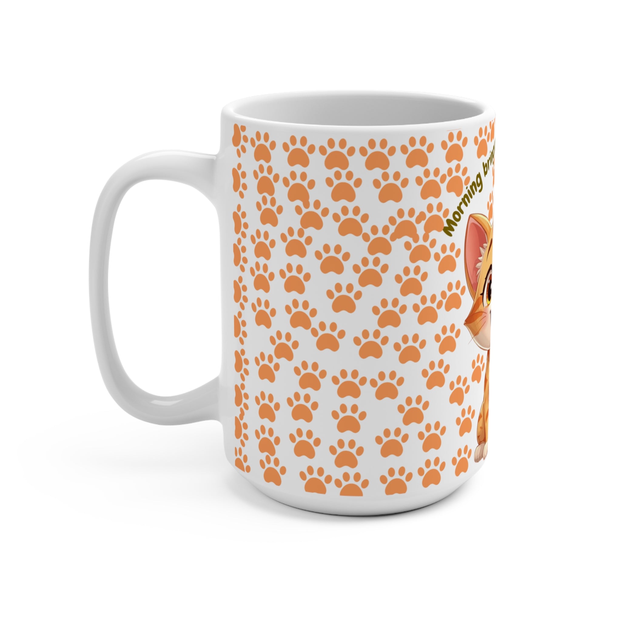 Cat Mug - "Morning Brings Meow Possibilities" 15oz Cute Orange Kitty Paw Print Coffee Cup