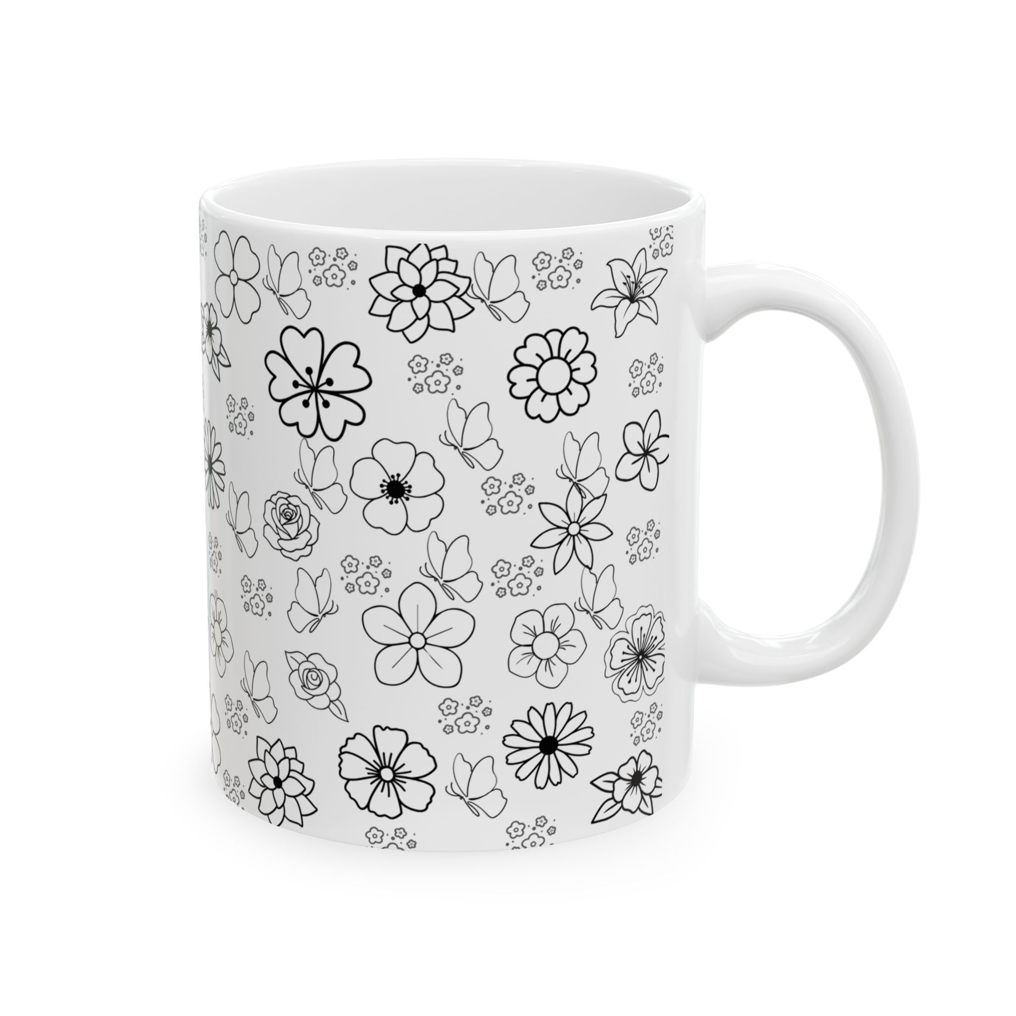 Black Floral Doodle Ceramic Mug (11oz & 15oz) — Hand-Drawn Flower Pattern