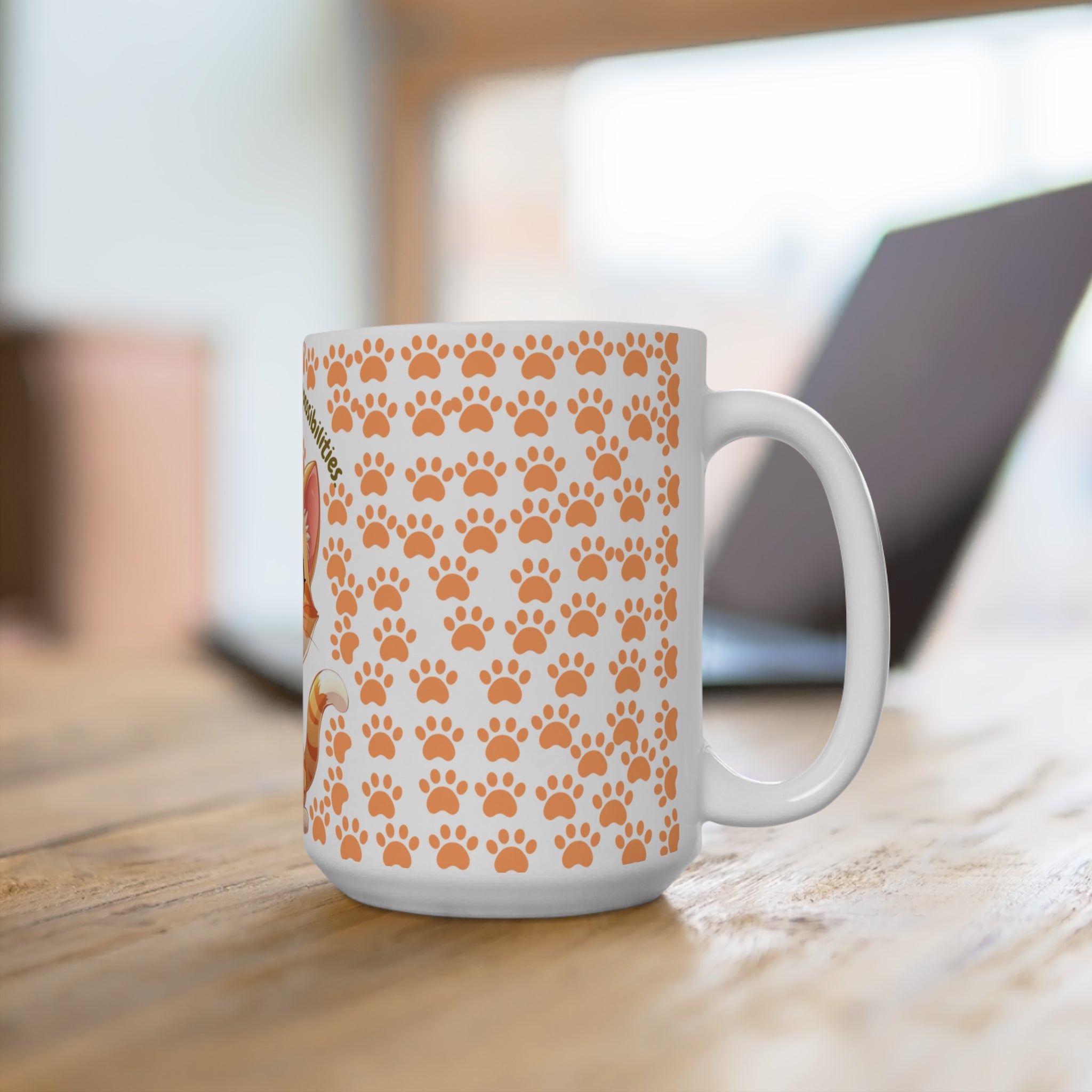 Cat Mug - "Morning Brings Meow Possibilities" 15oz Cute Orange Kitty Paw Print Coffee Cup