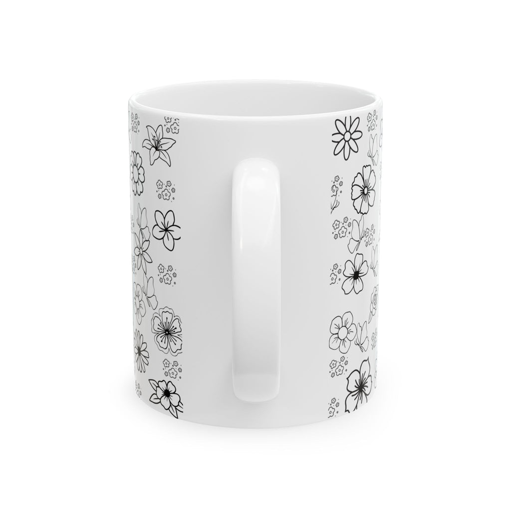 Black Floral Doodle Ceramic Mug (11oz & 15oz) — Hand-Drawn Flower Pattern