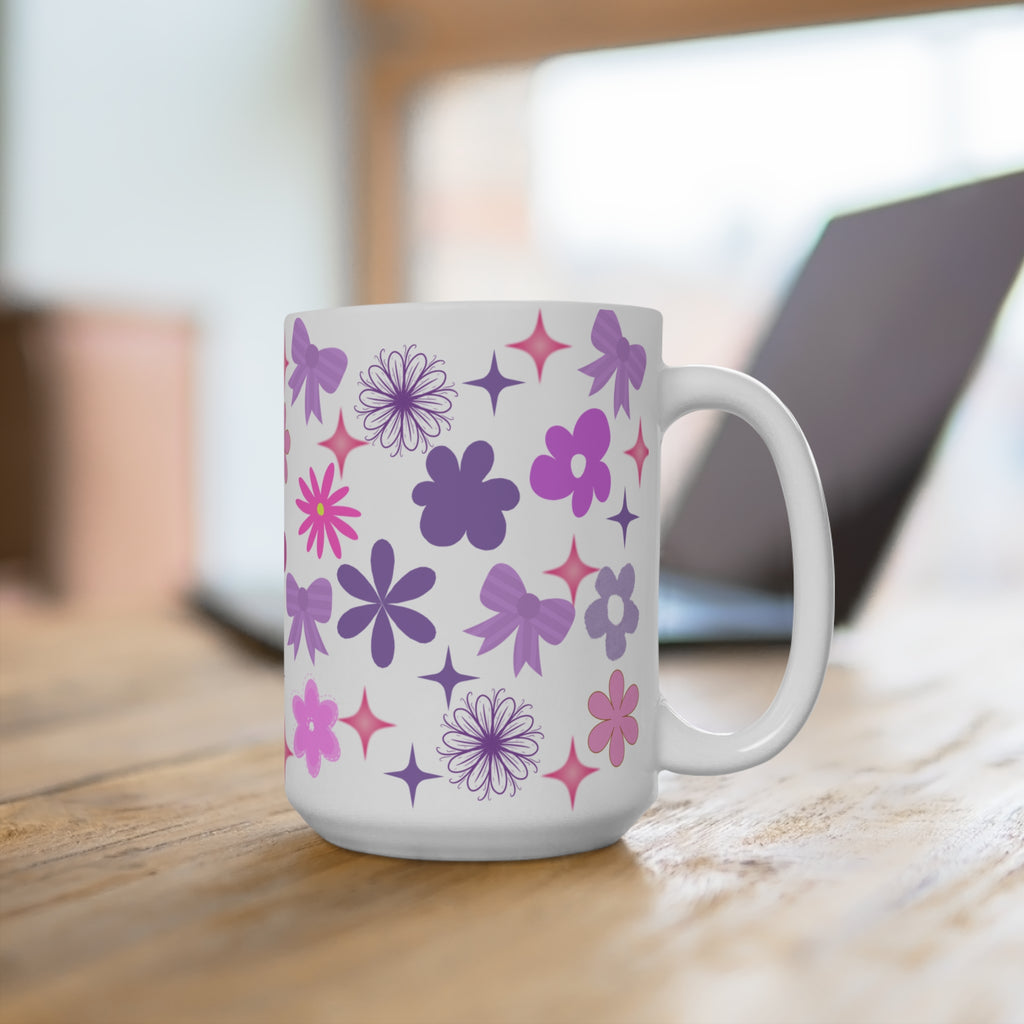 Floral Bow 15oz Ceramic Mug — Pink & Purple Vintage Flower Pattern