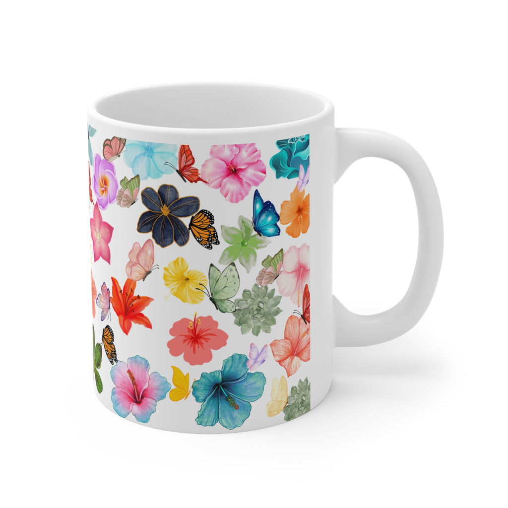 Floral Butterflies Ceramic Mug — Colorful Watercolor Flower Coffee Cup (11oz)