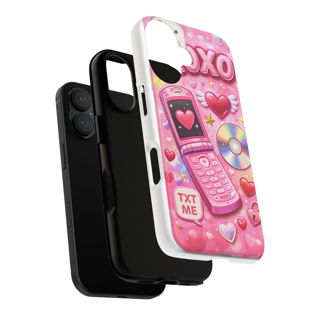 Pink Retro Flip Phone Phone Case — Y2K Hearts, XOXO & TXT ME Design
