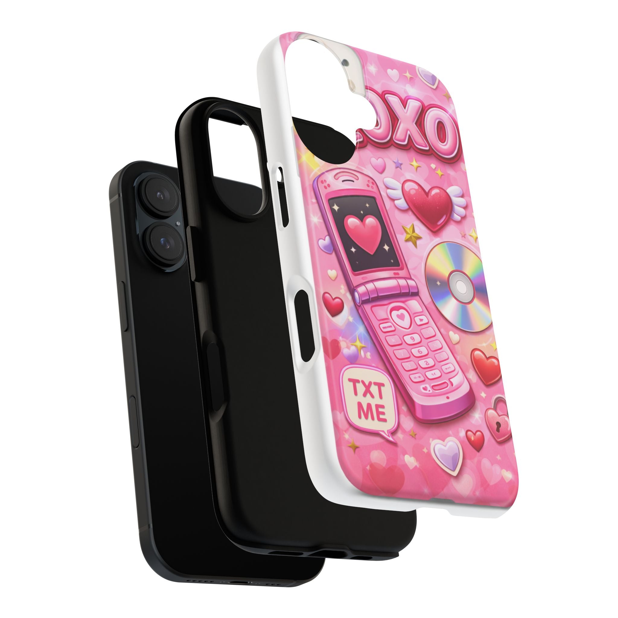 Pink Retro Flip Phone Phone Case — Y2K Hearts, XOXO & TXT ME Design