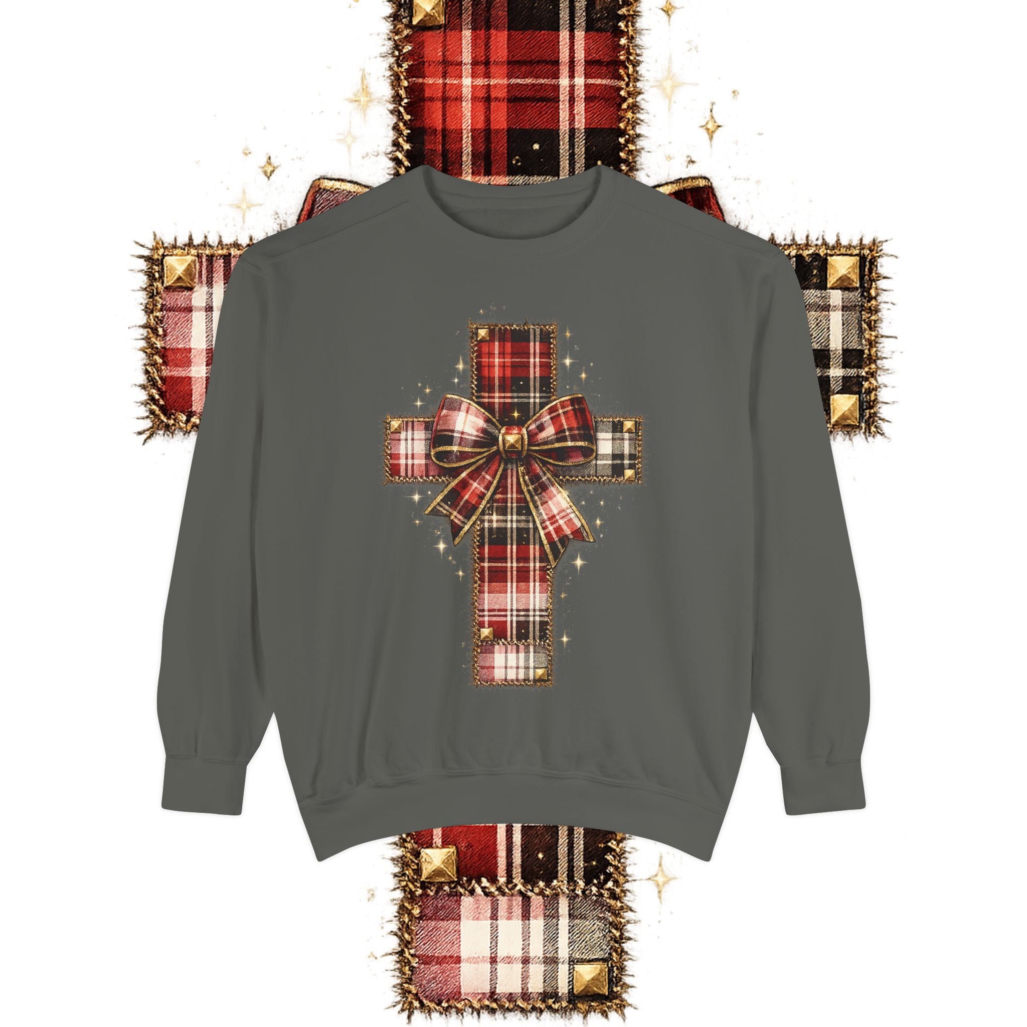 Plaid Bow Cross Sweatshirt — Christmas Plaid Religious Holiday Crewneck