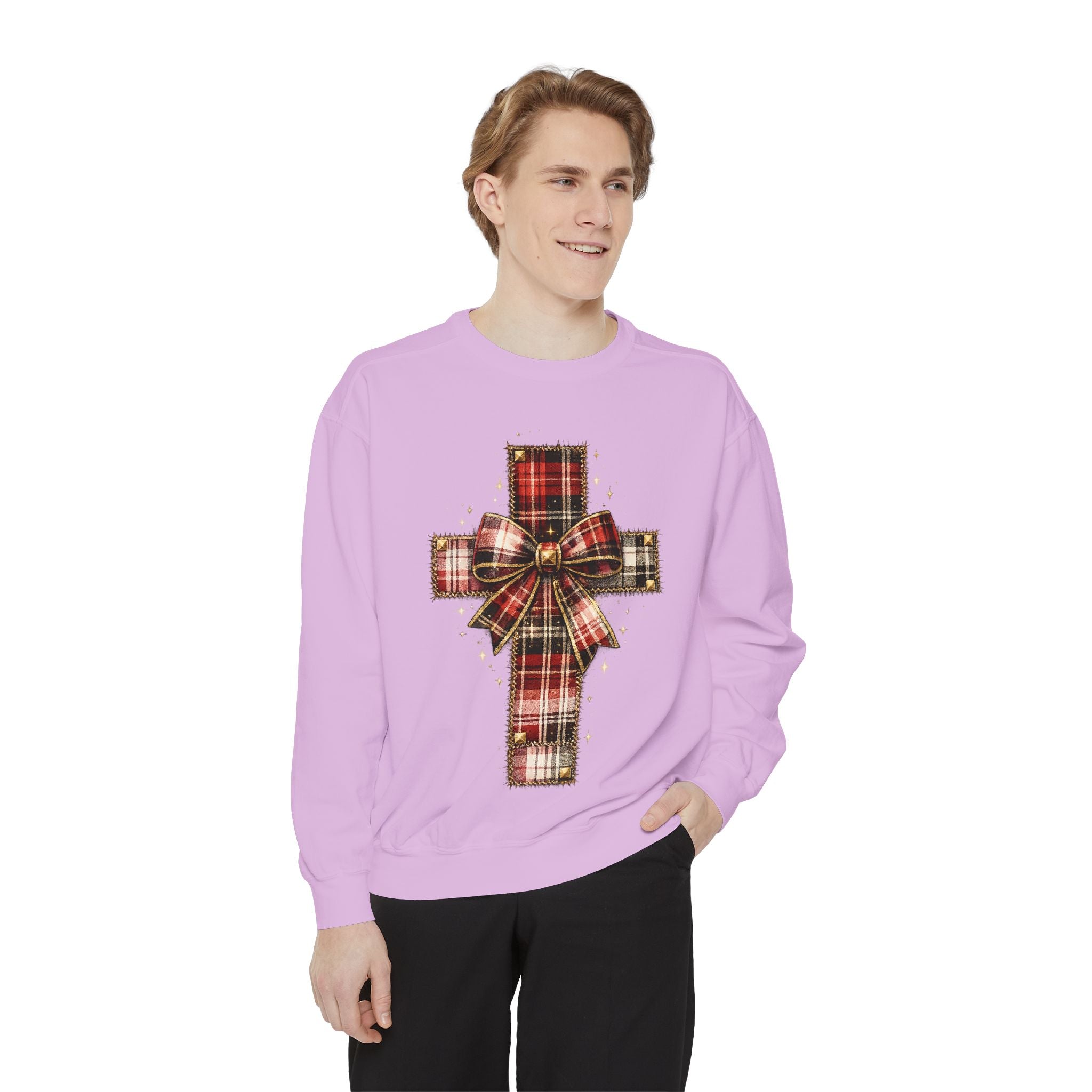 Plaid Bow Cross Sweatshirt — Christmas Plaid Religious Holiday Crewneck