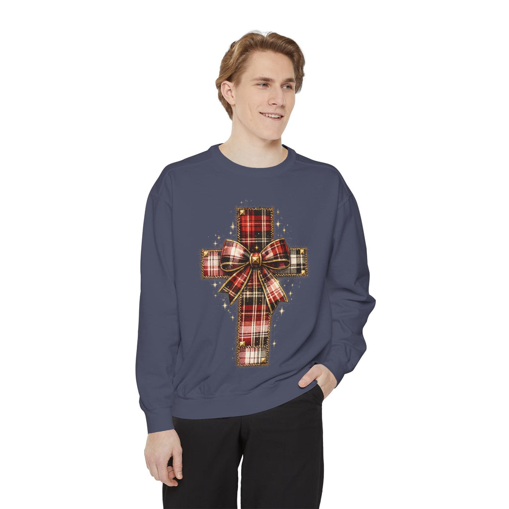 Plaid Bow Cross Sweatshirt — Christmas Plaid Religious Holiday Crewneck