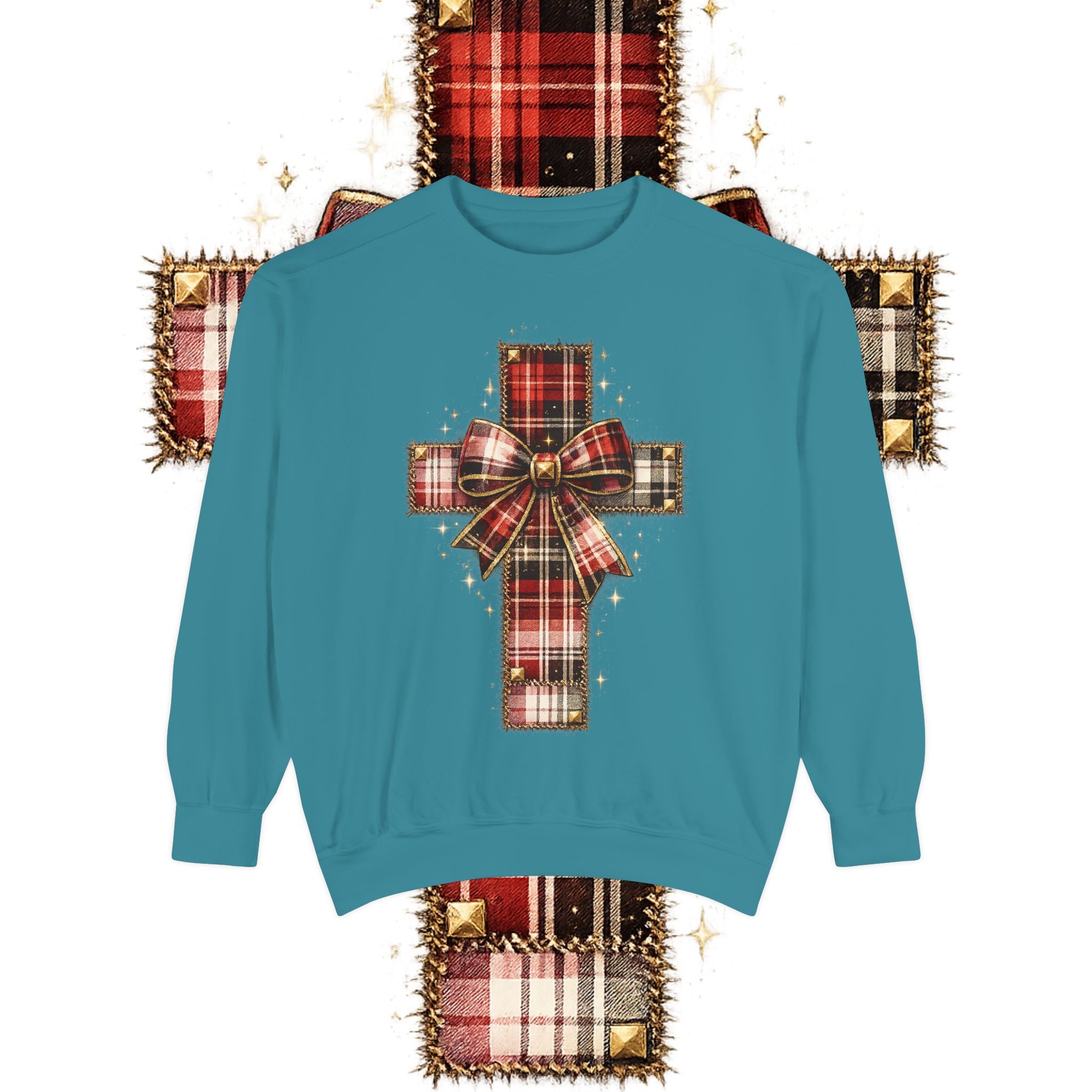 Plaid Bow Cross Sweatshirt — Christmas Plaid Religious Holiday Crewneck