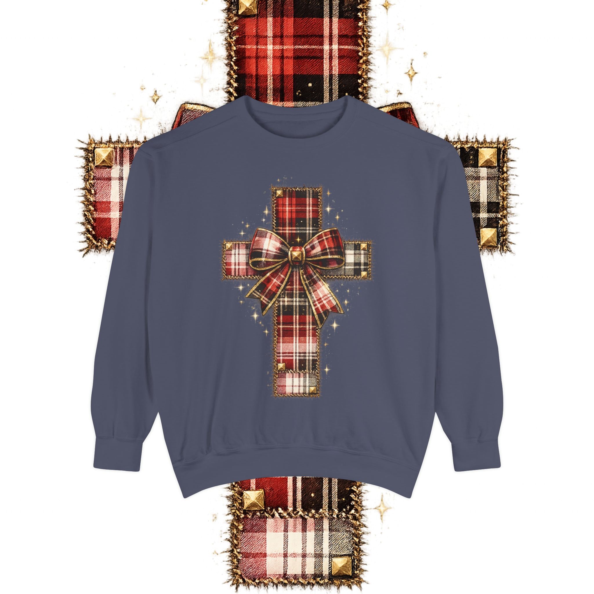 Plaid Bow Cross Sweatshirt — Christmas Plaid Religious Holiday Crewneck