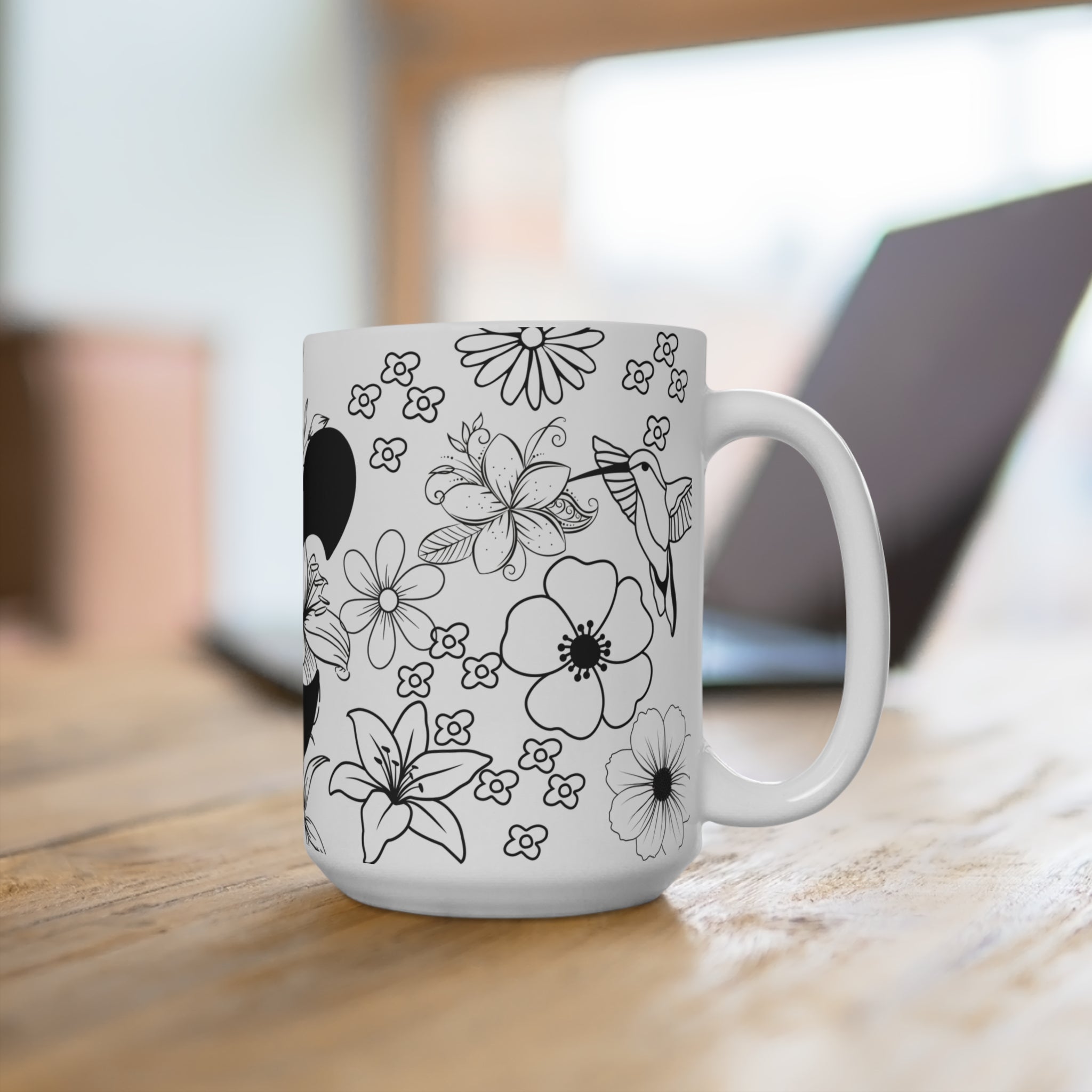 Floral Monogram 'K' 15oz Ceramic Mug — Black & White Botanical Initial Coffee Cup