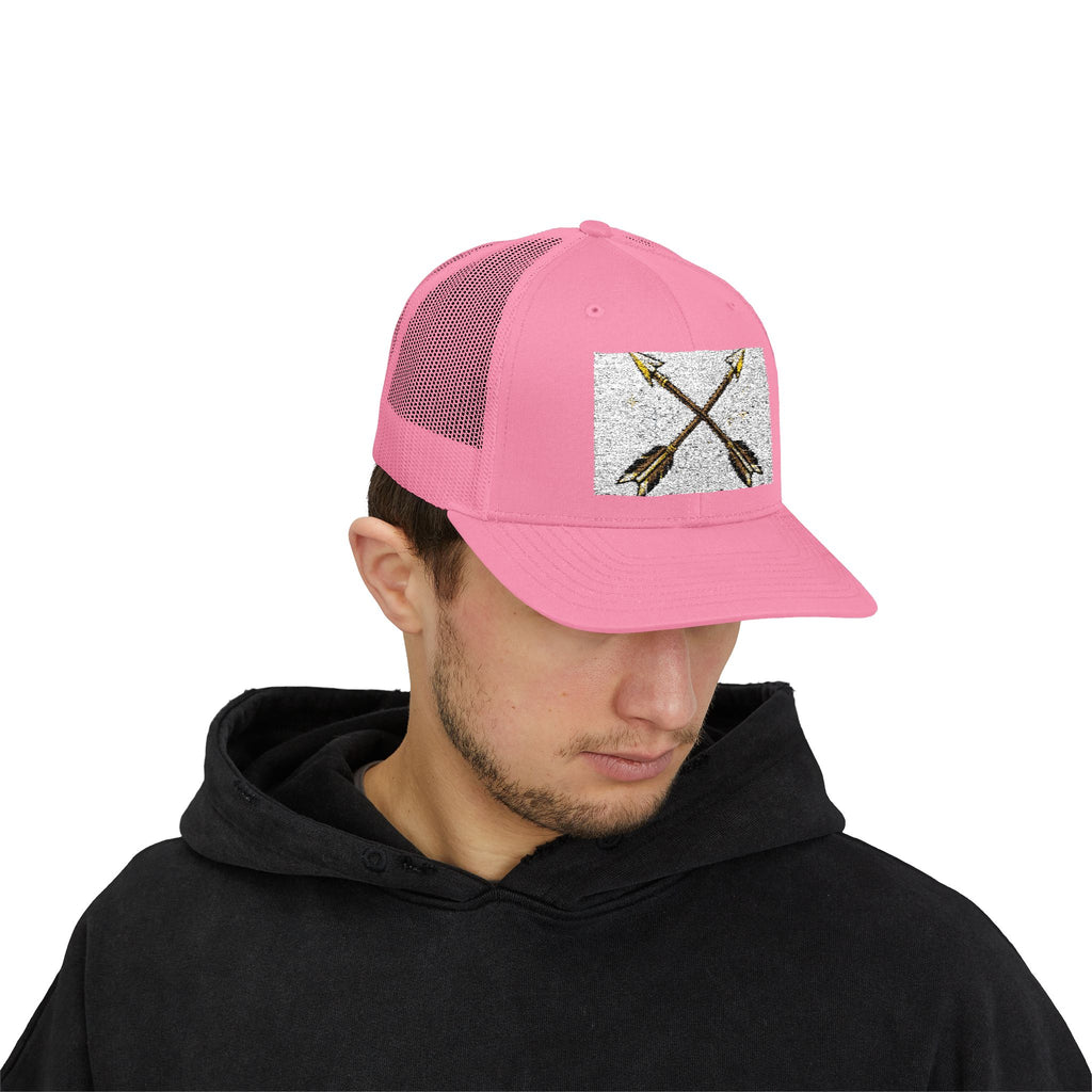 Arrow Cross Trucker Cap — Rustic Tribal Arrow Snapback Hat