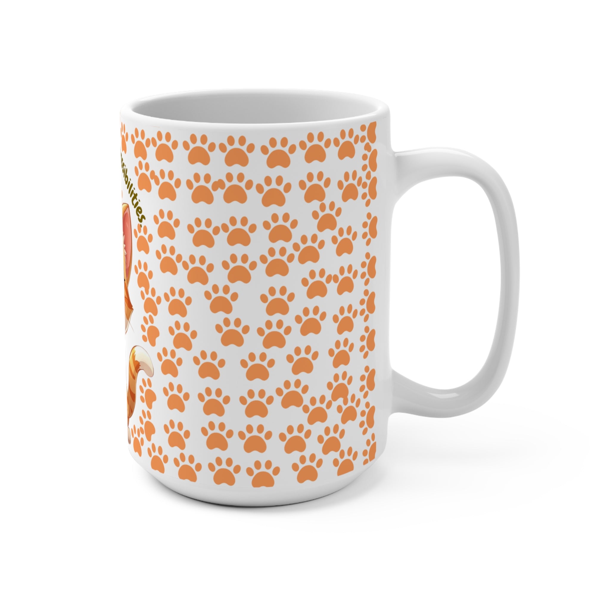 Cat Mug - "Morning Brings Meow Possibilities" 15oz Cute Orange Kitty Paw Print Coffee Cup