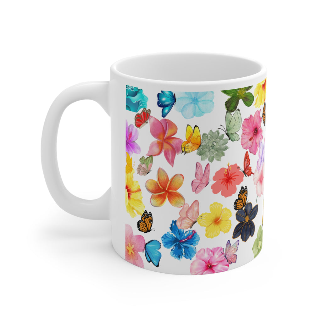 Floral Butterflies Ceramic Mug — Colorful Watercolor Flower Coffee Cup (11oz)