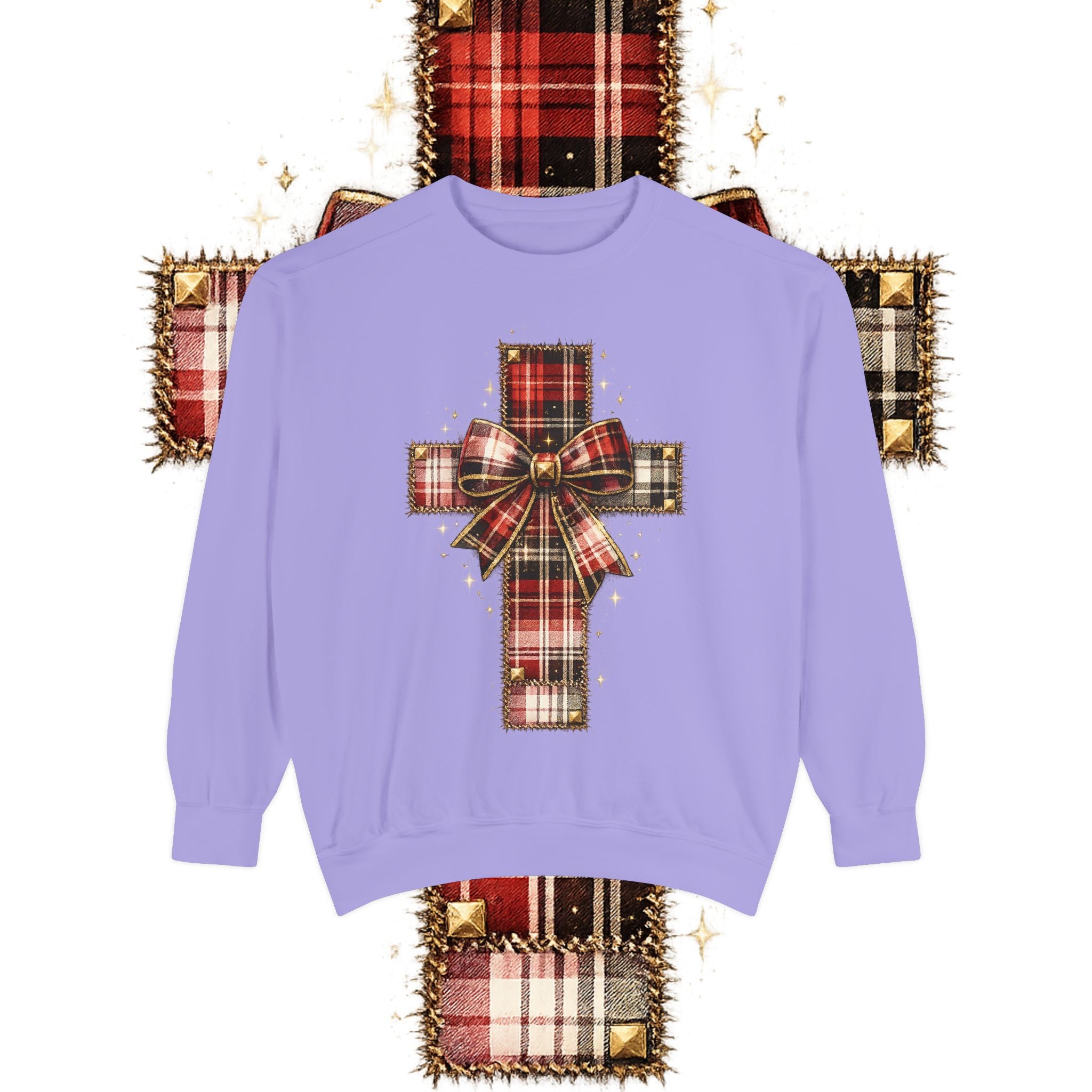 Plaid Bow Cross Sweatshirt — Christmas Plaid Religious Holiday Crewneck