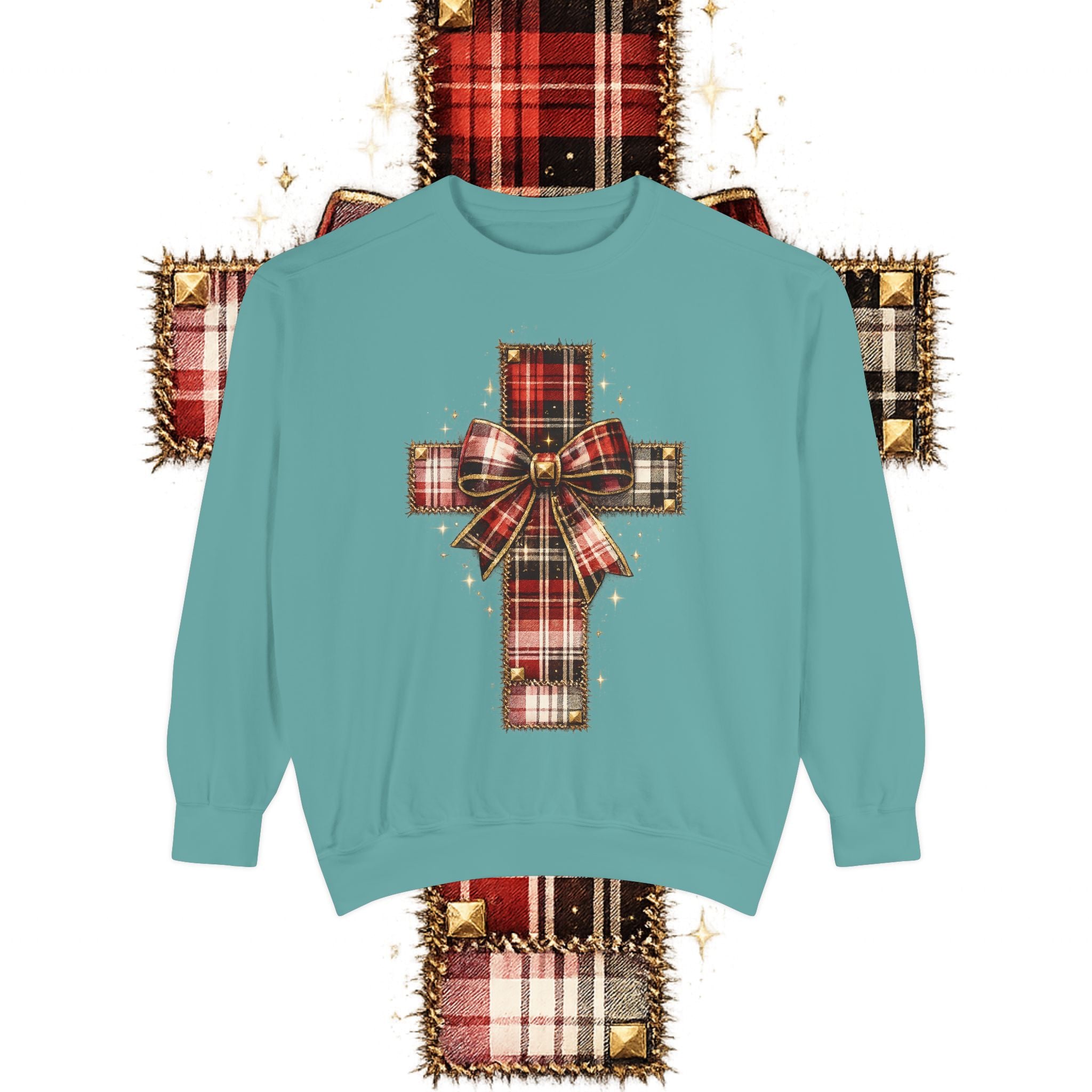 Plaid Bow Cross Sweatshirt — Christmas Plaid Religious Holiday Crewneck