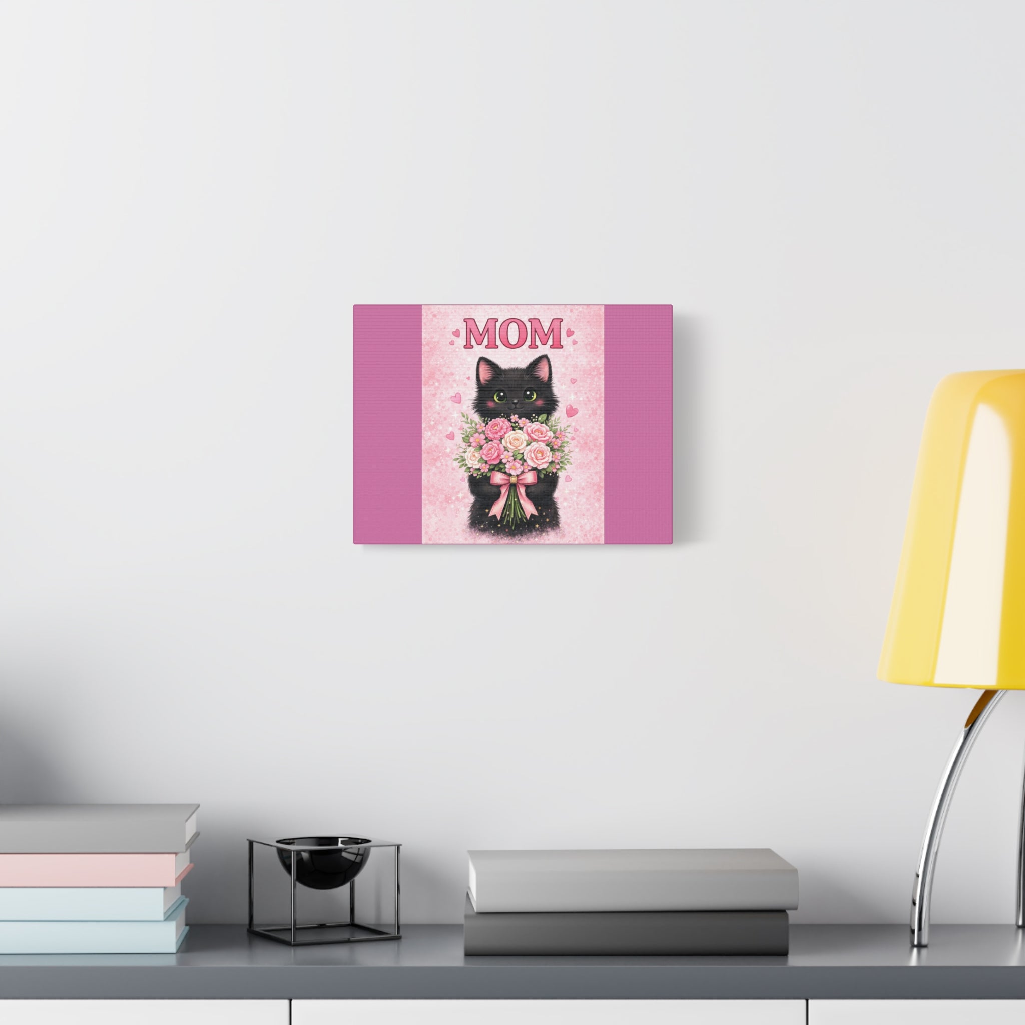 Mom Cat Canvas Print — Cute Black Kitten Holding Pink Bouquet (Mother's Day Gift)