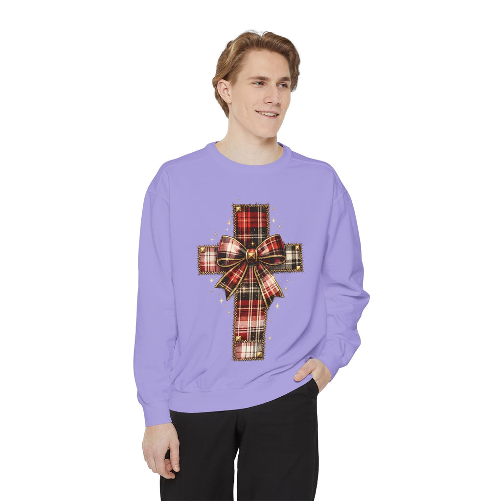 Plaid Bow Cross Sweatshirt — Christmas Plaid Religious Holiday Crewneck