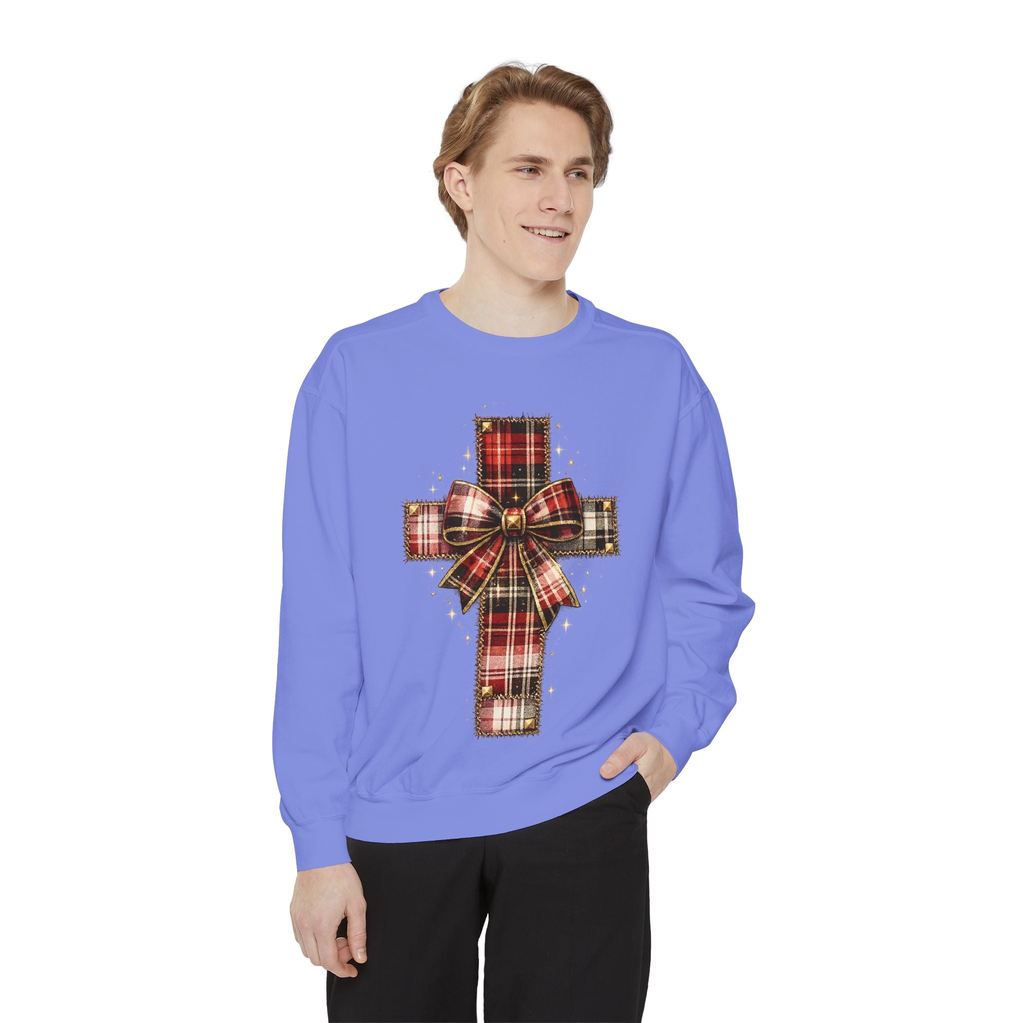 Plaid Bow Cross Sweatshirt — Christmas Plaid Religious Holiday Crewneck