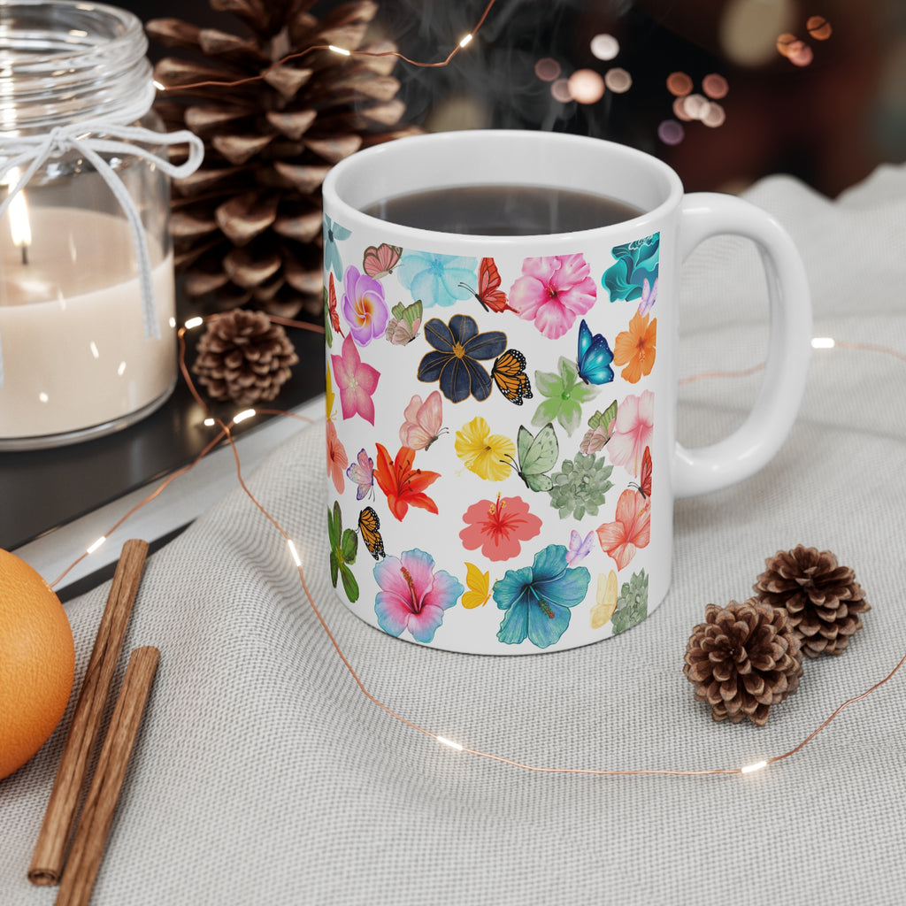 Floral Butterflies Ceramic Mug — Colorful Watercolor Flower Coffee Cup (11oz)