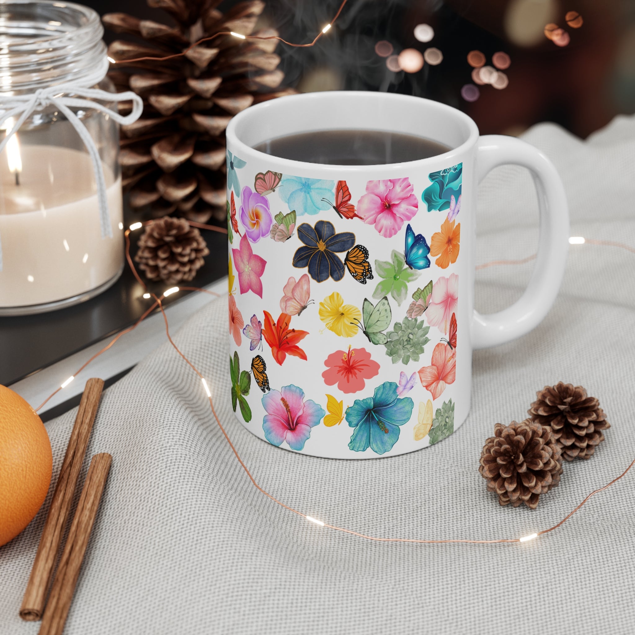 Floral Butterflies Ceramic Mug — Colorful Watercolor Flower Coffee Cup (11oz)