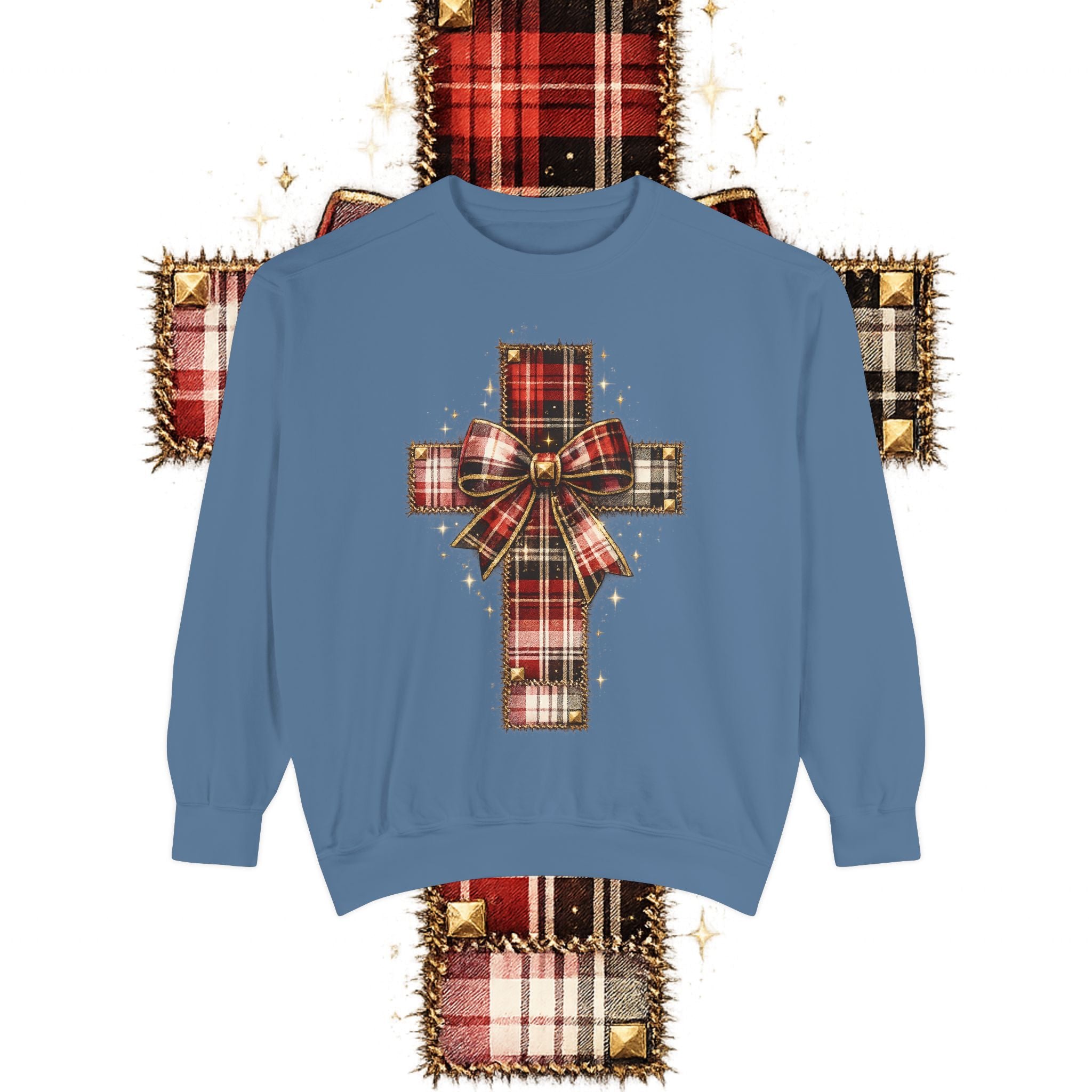 Plaid Bow Cross Sweatshirt — Christmas Plaid Religious Holiday Crewneck