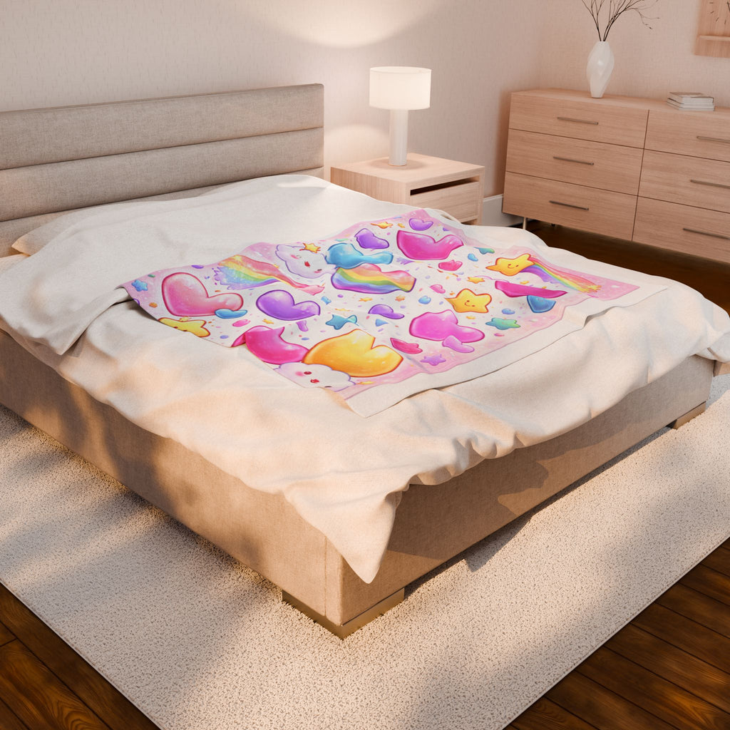 Kawaii Rainbow Hearts Velveteen Plush Blanket — Cute Pastel Stars & Clouds Throw for Kids