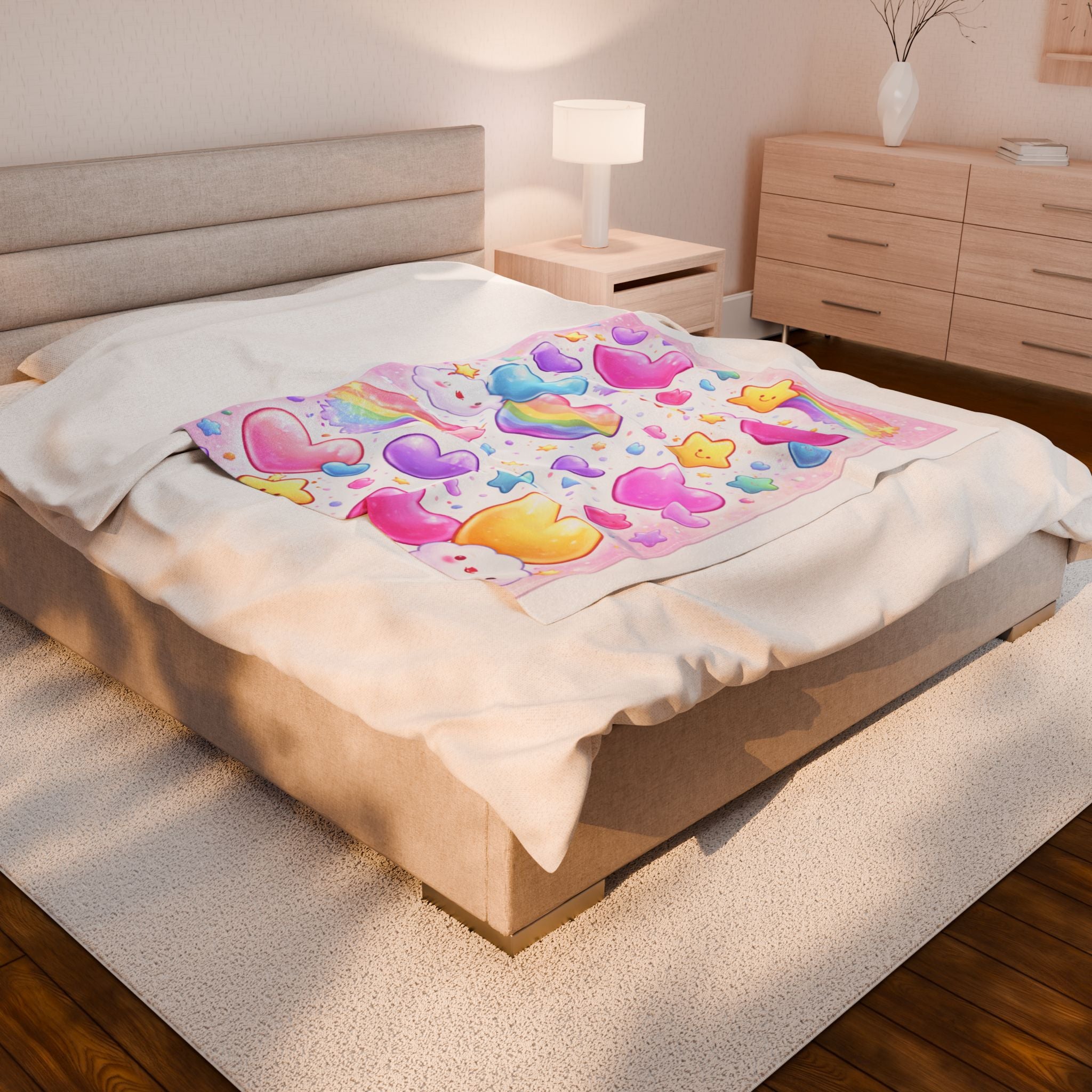 Kawaii Rainbow Hearts Velveteen Plush Blanket — Cute Pastel Stars & Clouds Throw for Kids