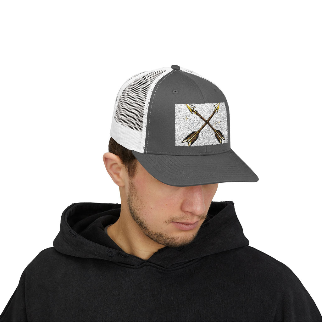 Arrow Cross Trucker Cap — Rustic Tribal Arrow Snapback Hat