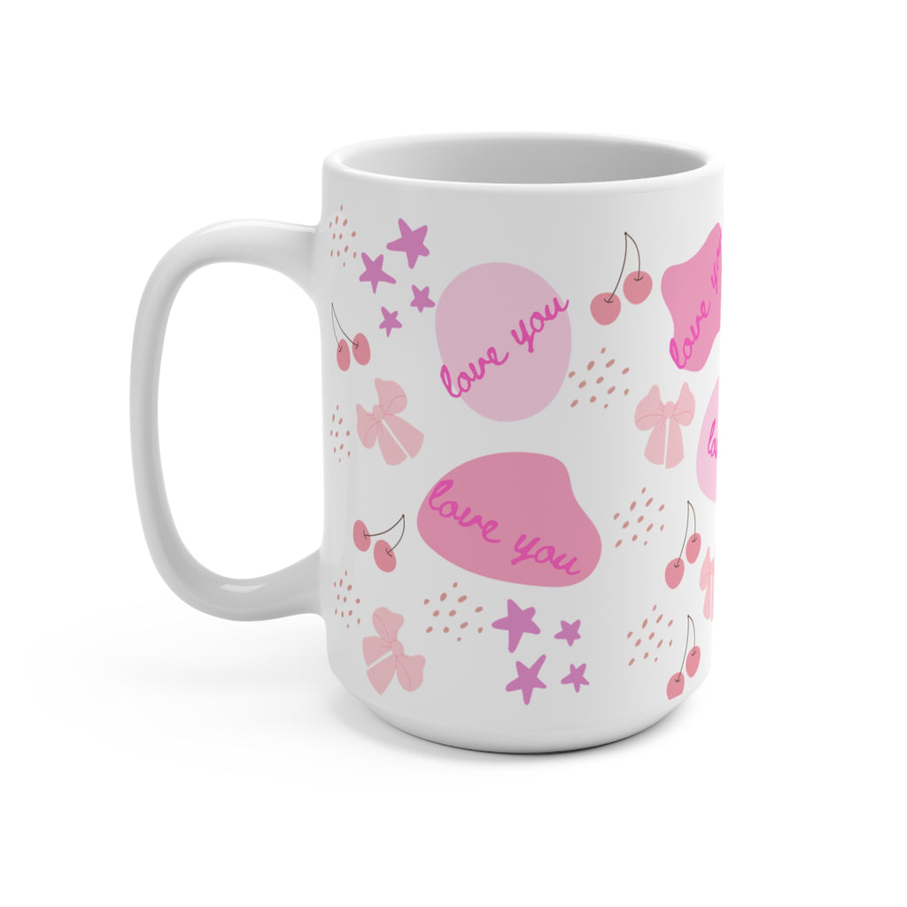Love You Pink Pattern Mug — 15oz Ceramic Coffee Cup