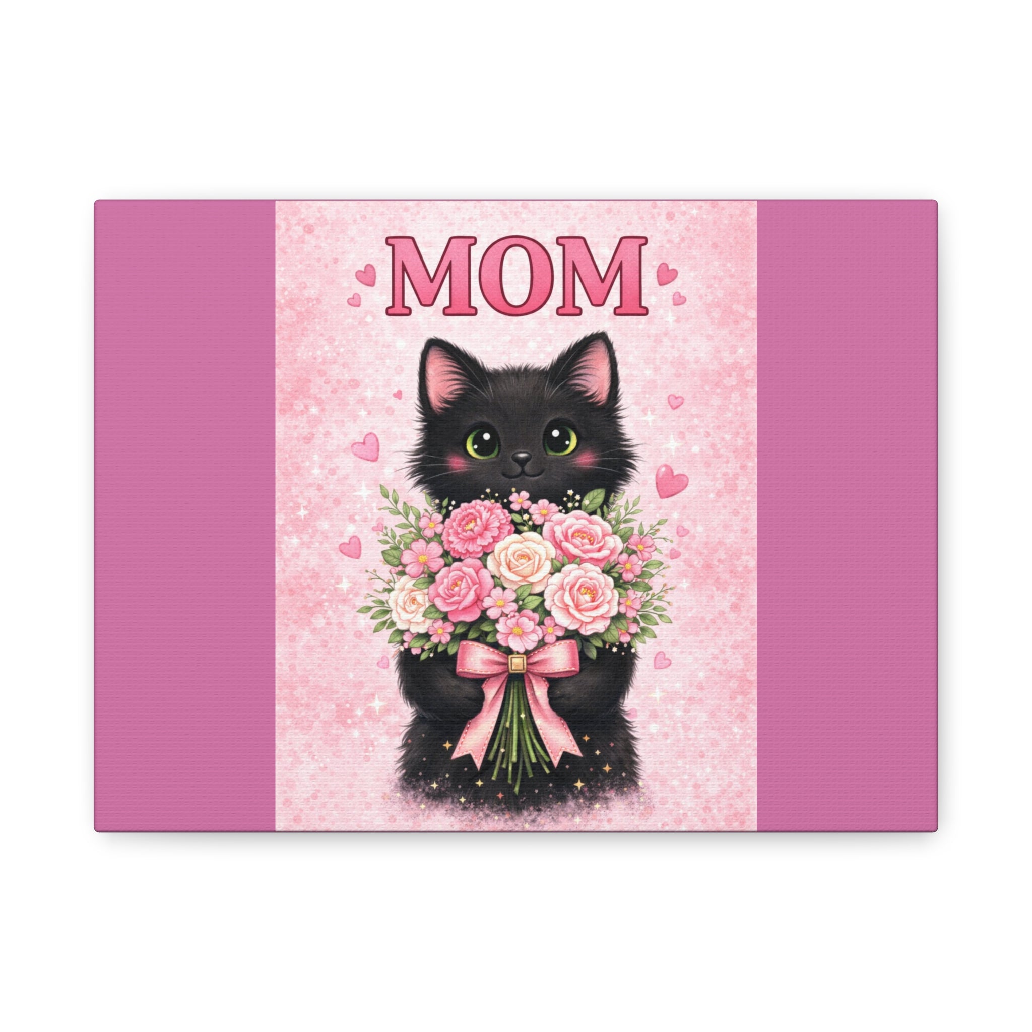 Mom Cat Canvas Print — Cute Black Kitten Holding Pink Bouquet (Mother's Day Gift)