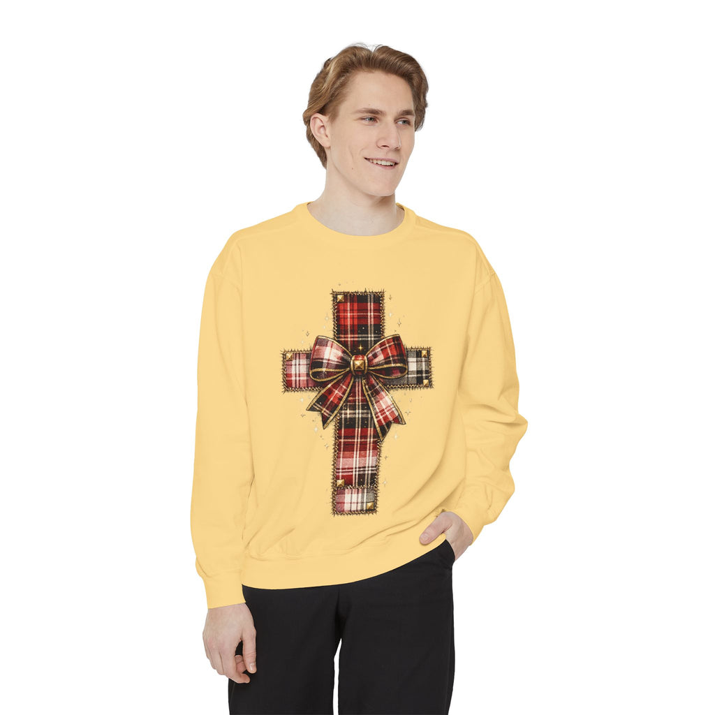 Plaid Bow Cross Sweatshirt — Christmas Plaid Religious Holiday Crewneck