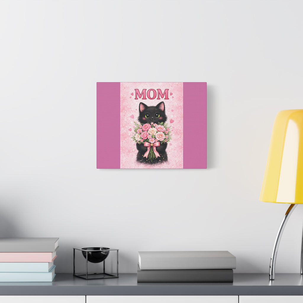 Mom Cat Canvas Print — Cute Black Kitten Holding Pink Bouquet (Mother's Day Gift)