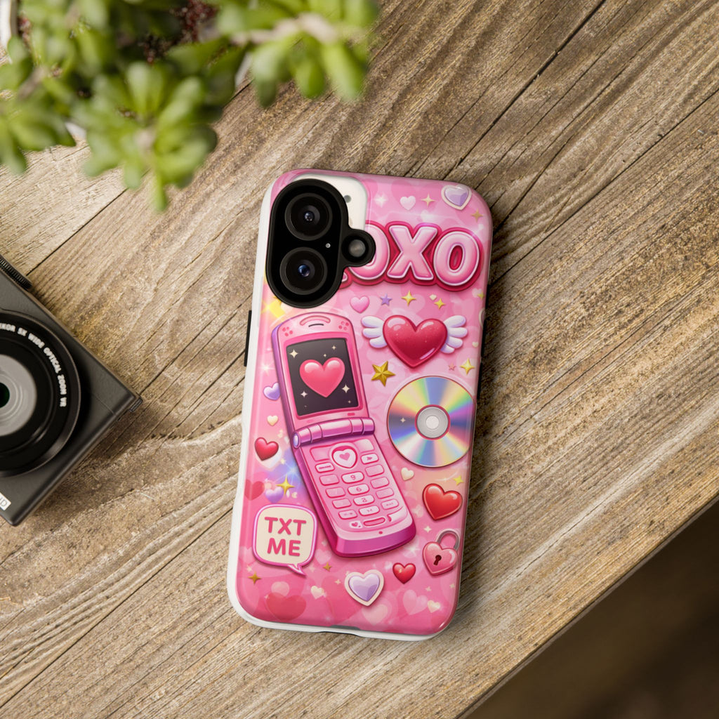 Pink Retro Flip Phone Phone Case — Y2K Hearts, XOXO & TXT ME Design