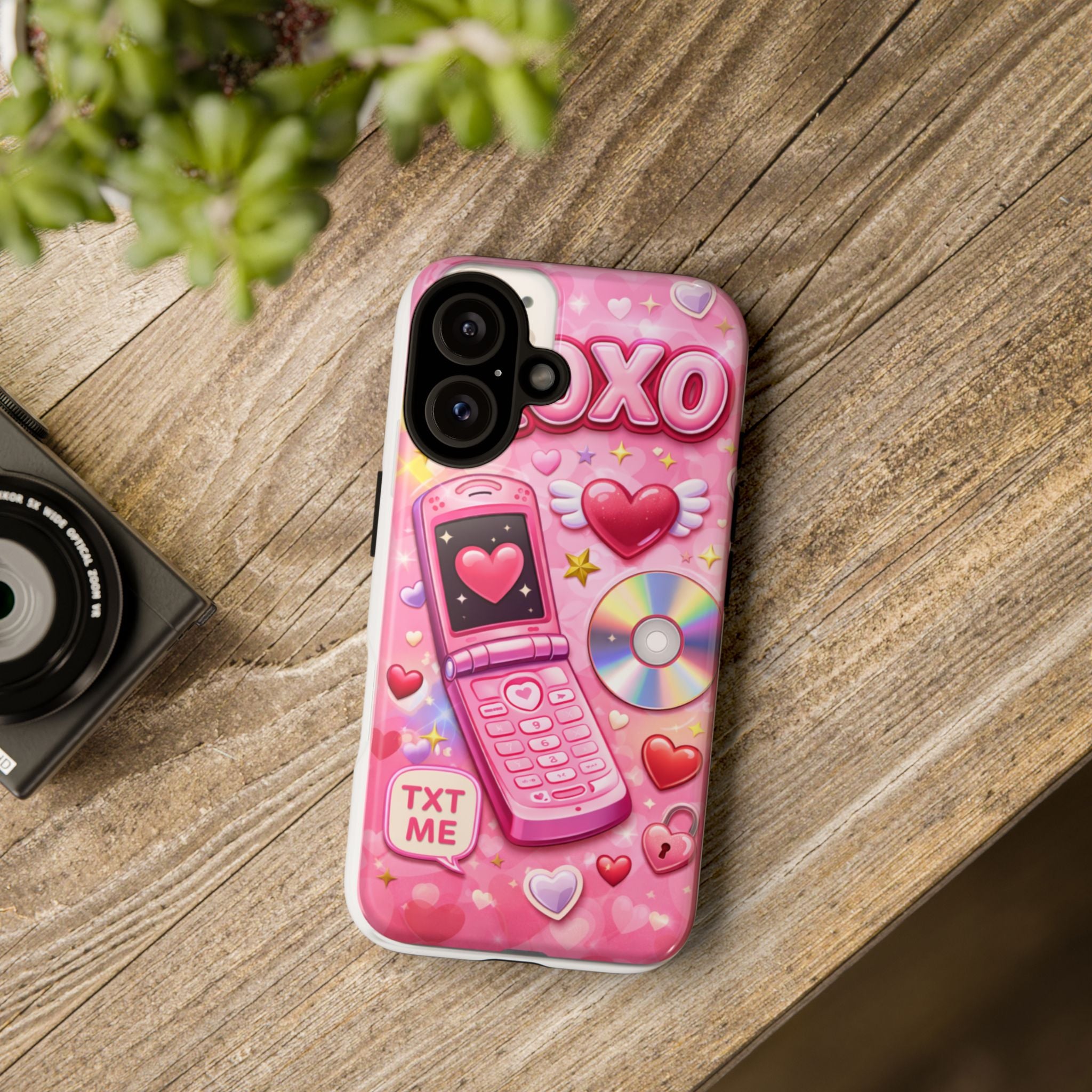 Pink Retro Flip Phone Phone Case — Y2K Hearts, XOXO & TXT ME Design