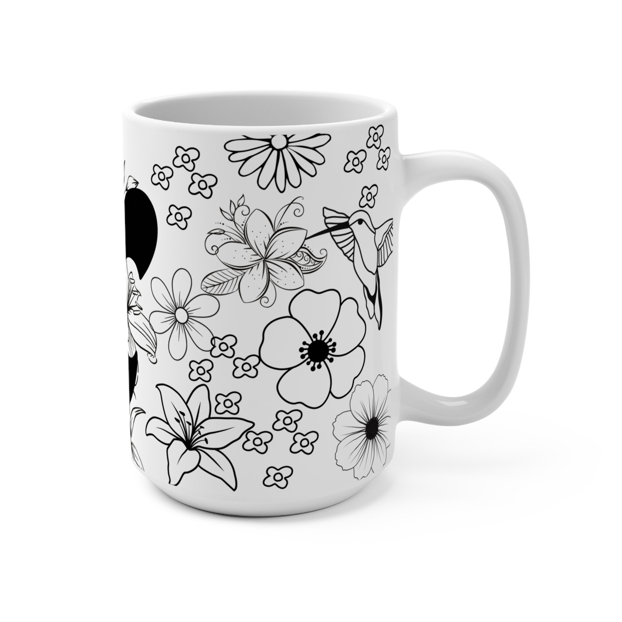 Floral Monogram 'K' 15oz Ceramic Mug — Black & White Botanical Initial Coffee Cup