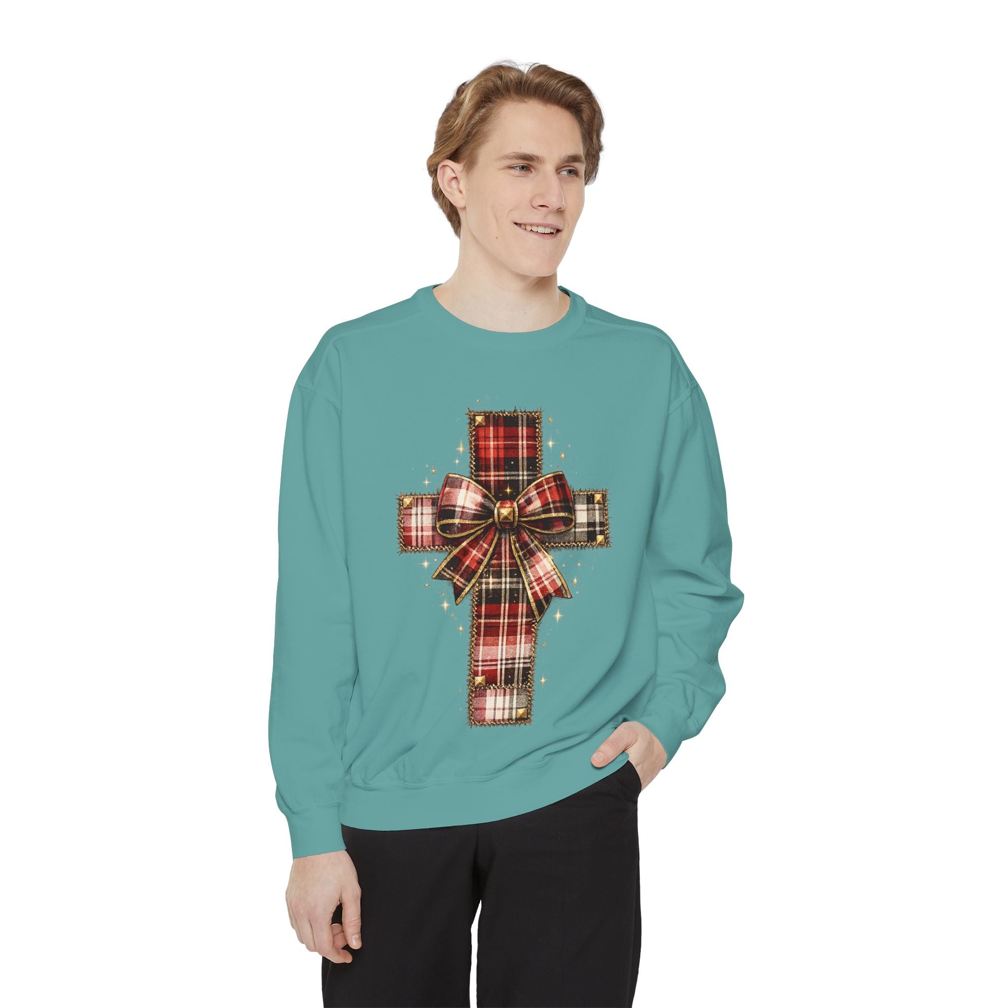 Plaid Bow Cross Sweatshirt — Christmas Plaid Religious Holiday Crewneck