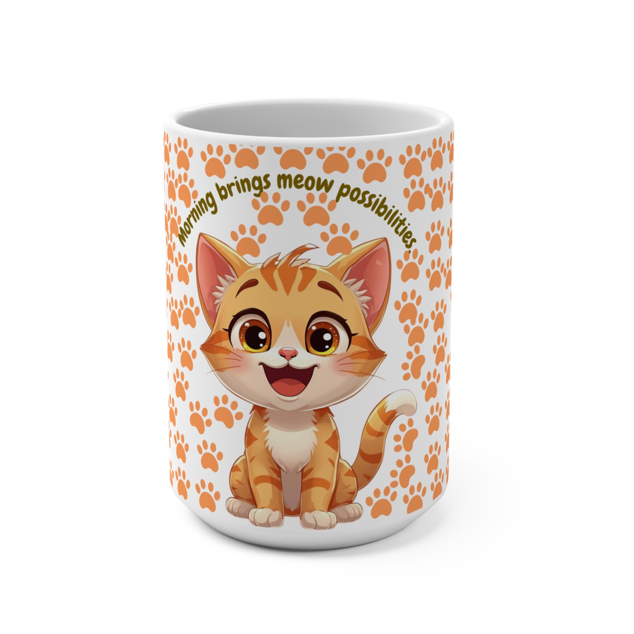 Cat Mug - "Morning Brings Meow Possibilities" 15oz Cute Orange Kitty Paw Print Coffee Cup