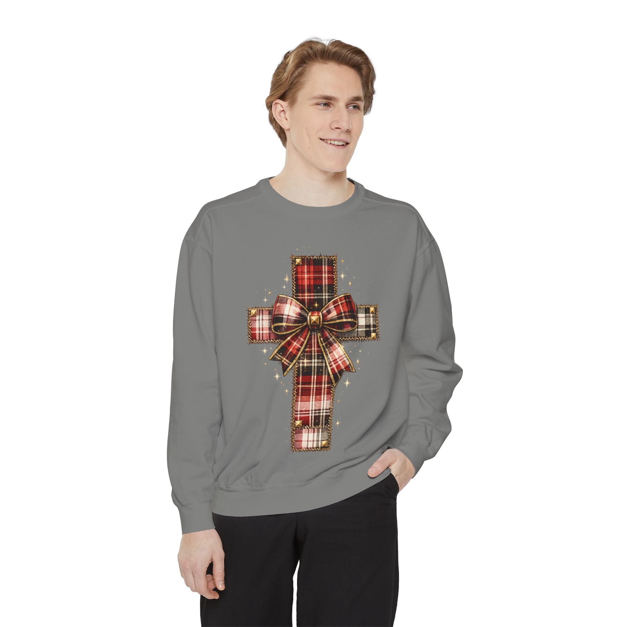 Plaid Bow Cross Sweatshirt — Christmas Plaid Religious Holiday Crewneck