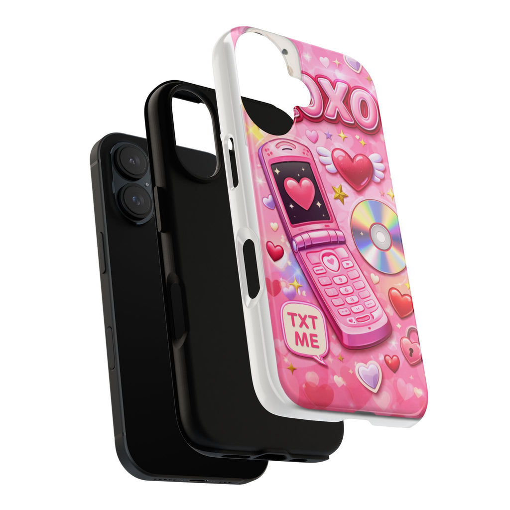 Pink Retro Flip Phone Phone Case — Y2K Hearts, XOXO & TXT ME Design