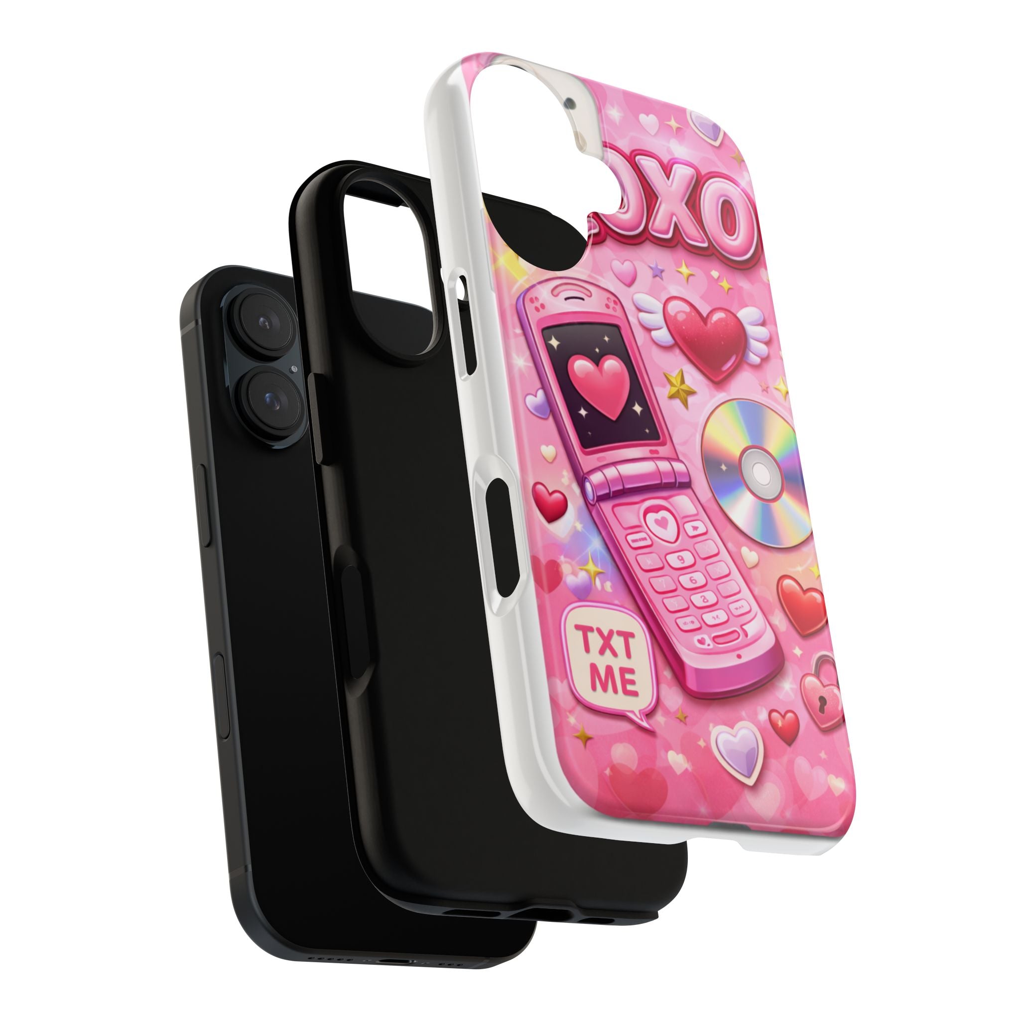 Pink Retro Flip Phone Phone Case — Y2K Hearts, XOXO & TXT ME Design