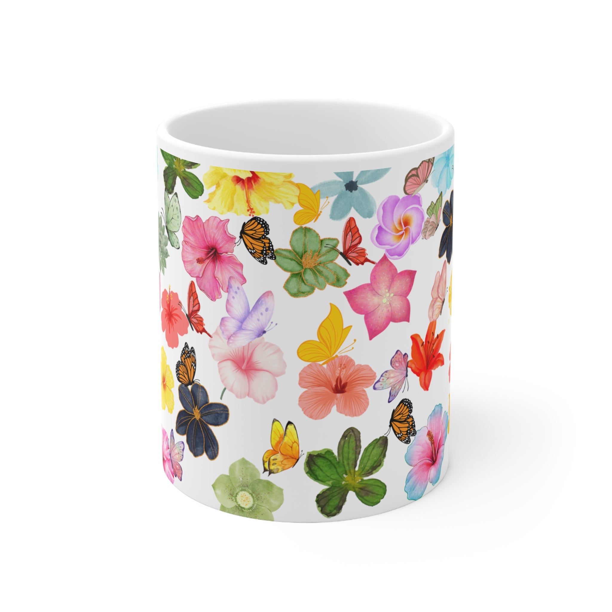 Floral Butterflies Ceramic Mug — Colorful Watercolor Flower Coffee Cup (11oz)