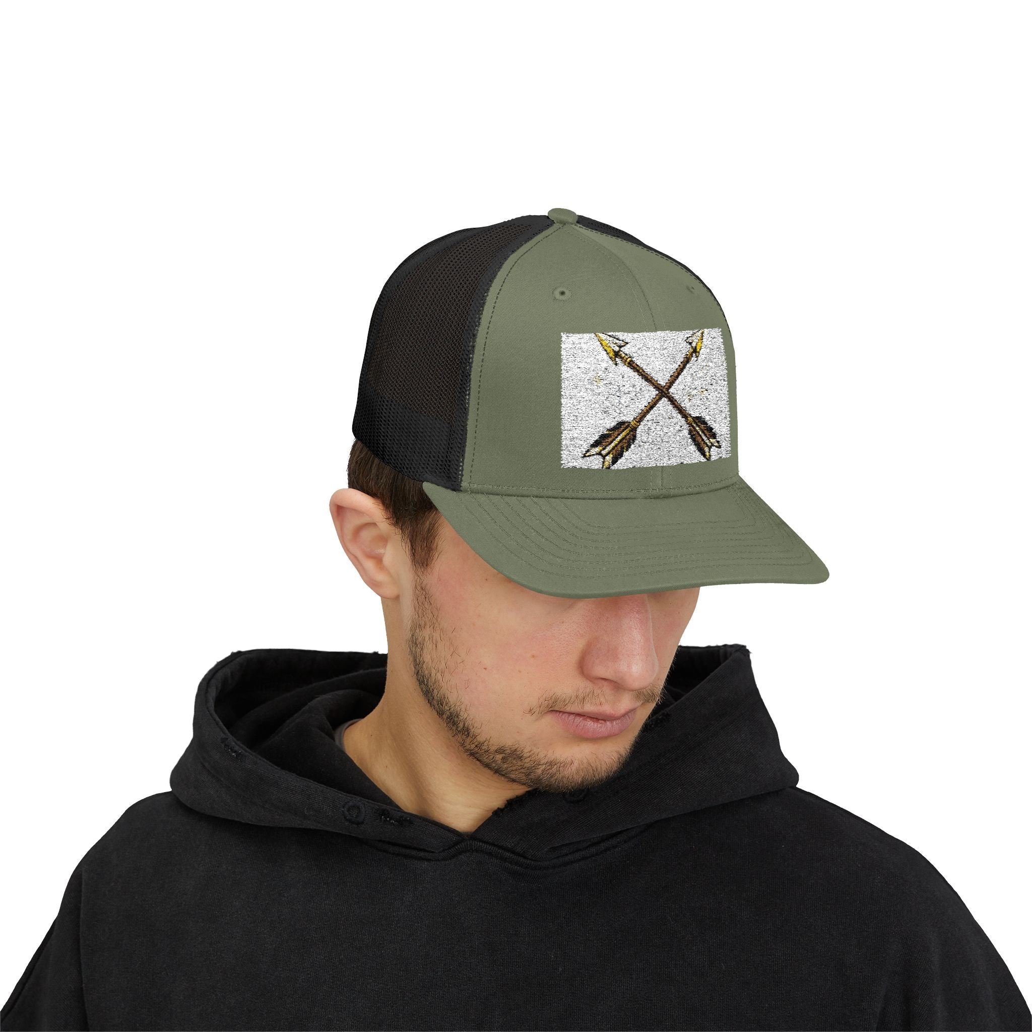 Arrow Cross Trucker Cap — Rustic Tribal Arrow Snapback Hat