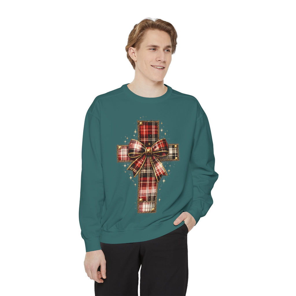 Plaid Bow Cross Sweatshirt — Christmas Plaid Religious Holiday Crewneck
