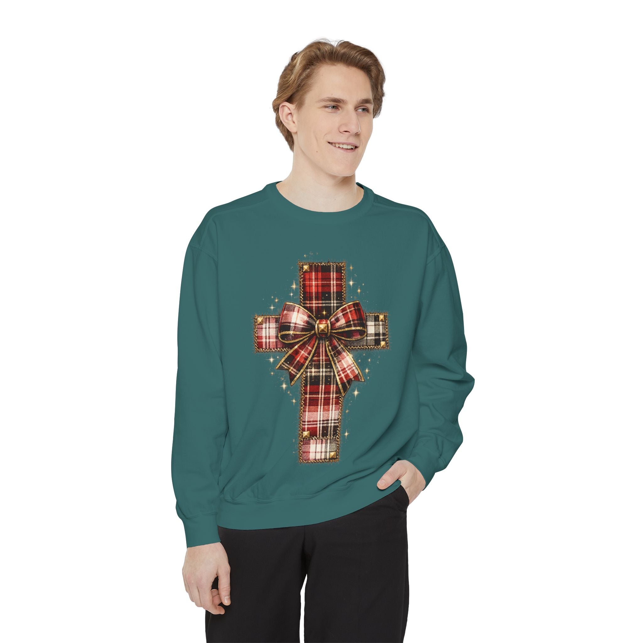 Plaid Bow Cross Sweatshirt — Christmas Plaid Religious Holiday Crewneck
