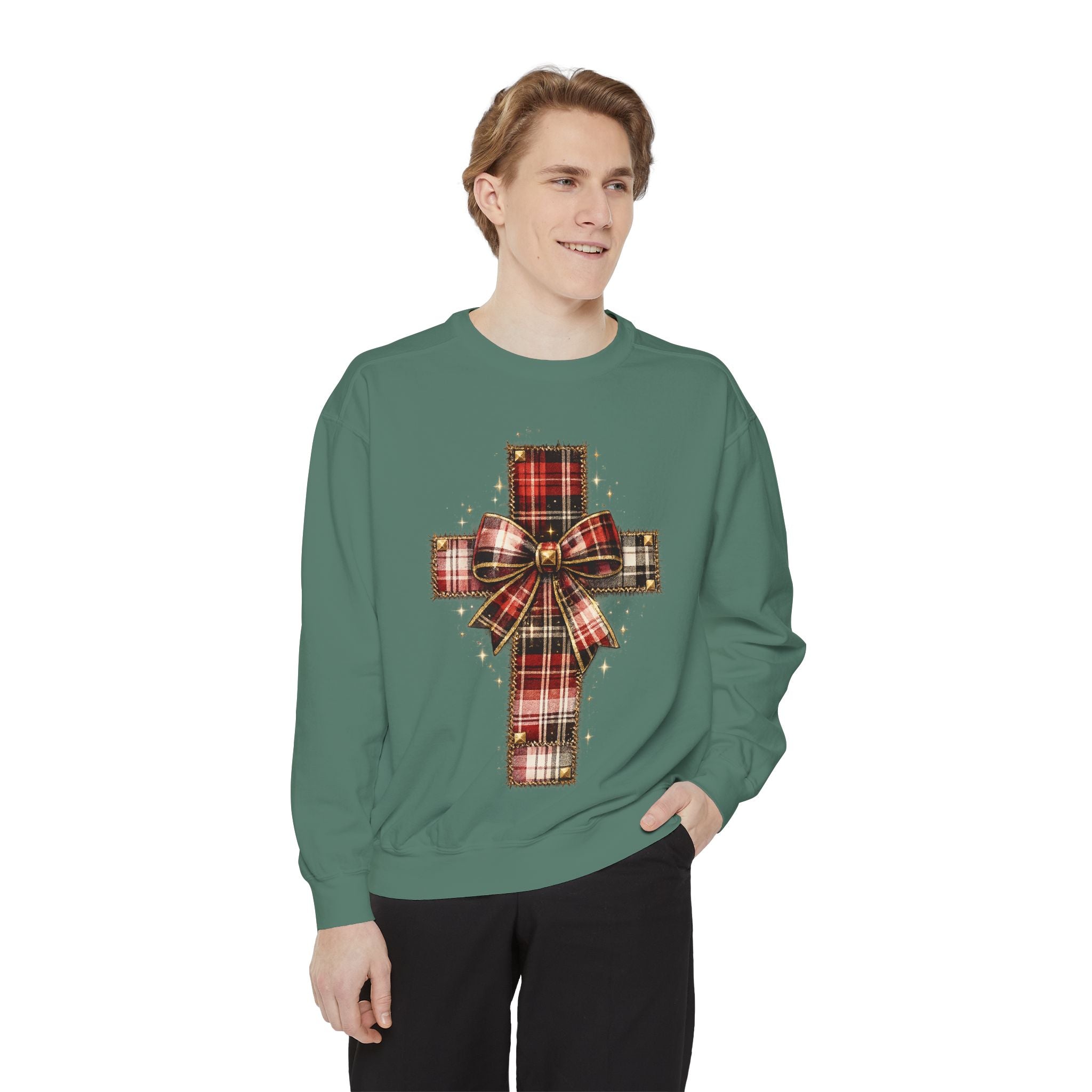 Plaid Bow Cross Sweatshirt — Christmas Plaid Religious Holiday Crewneck
