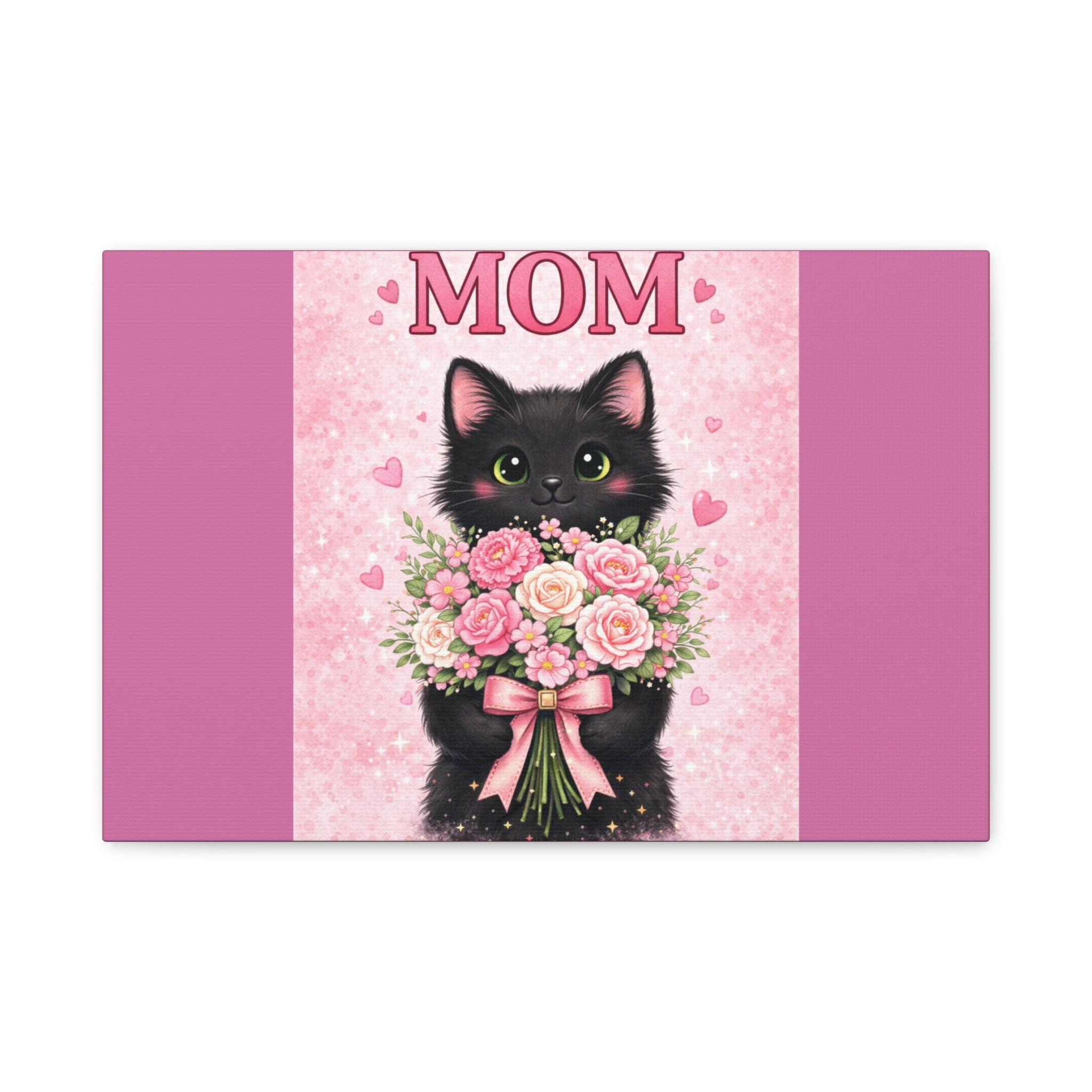 Mom Cat Canvas Print — Cute Black Kitten Holding Pink Bouquet (Mother's Day Gift)