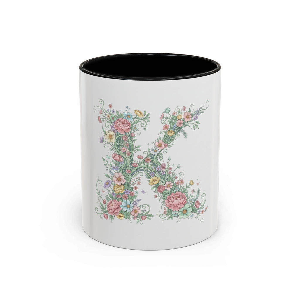 Floral Monogram 'K' Accent Coffee Mug — Elegant Initial Gift (11oz, 15oz)